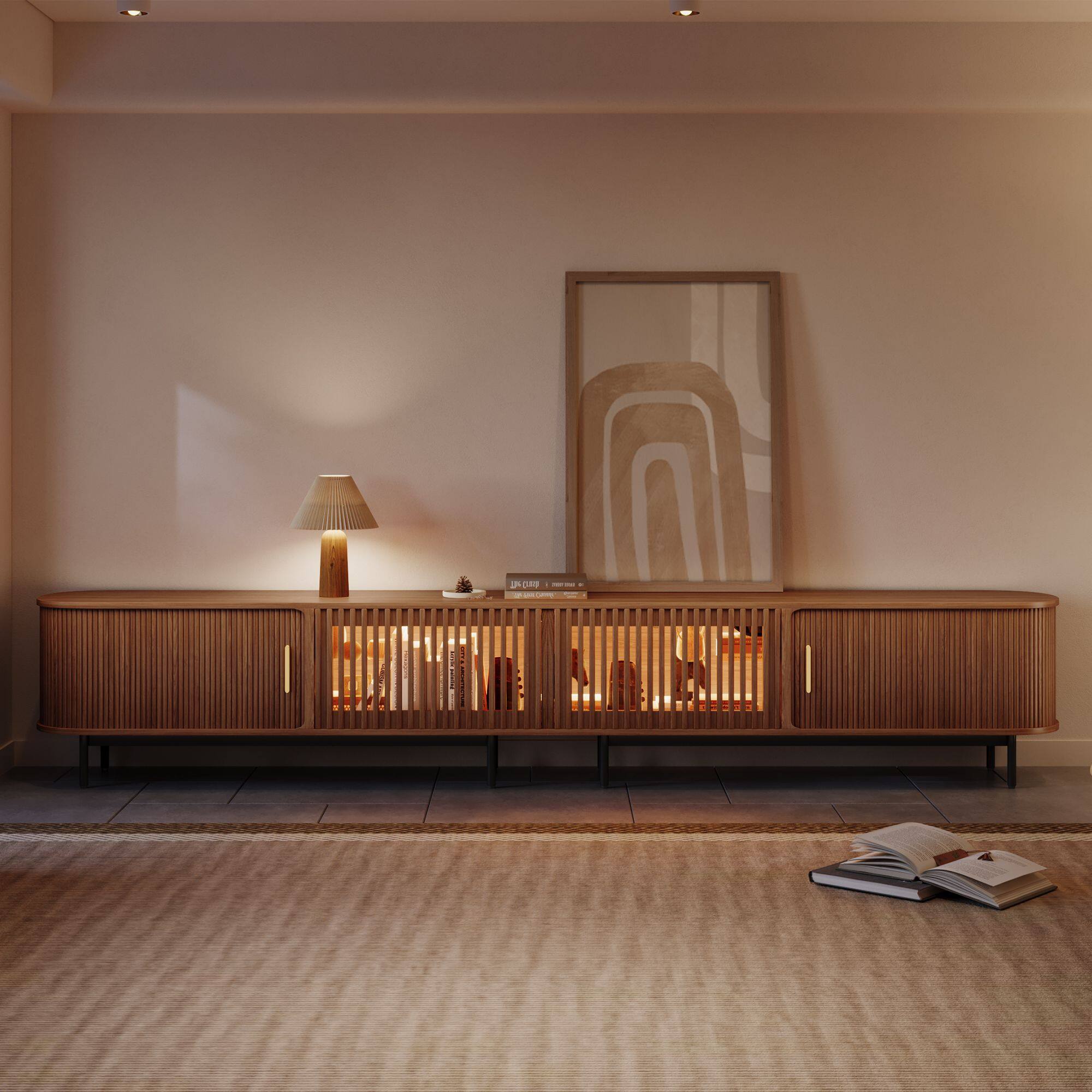 Angle. POVISON - 118"Mid-Century Modern Tambour Door TV Stand,Walnut with LED Lights - Walnut with LED Lights.