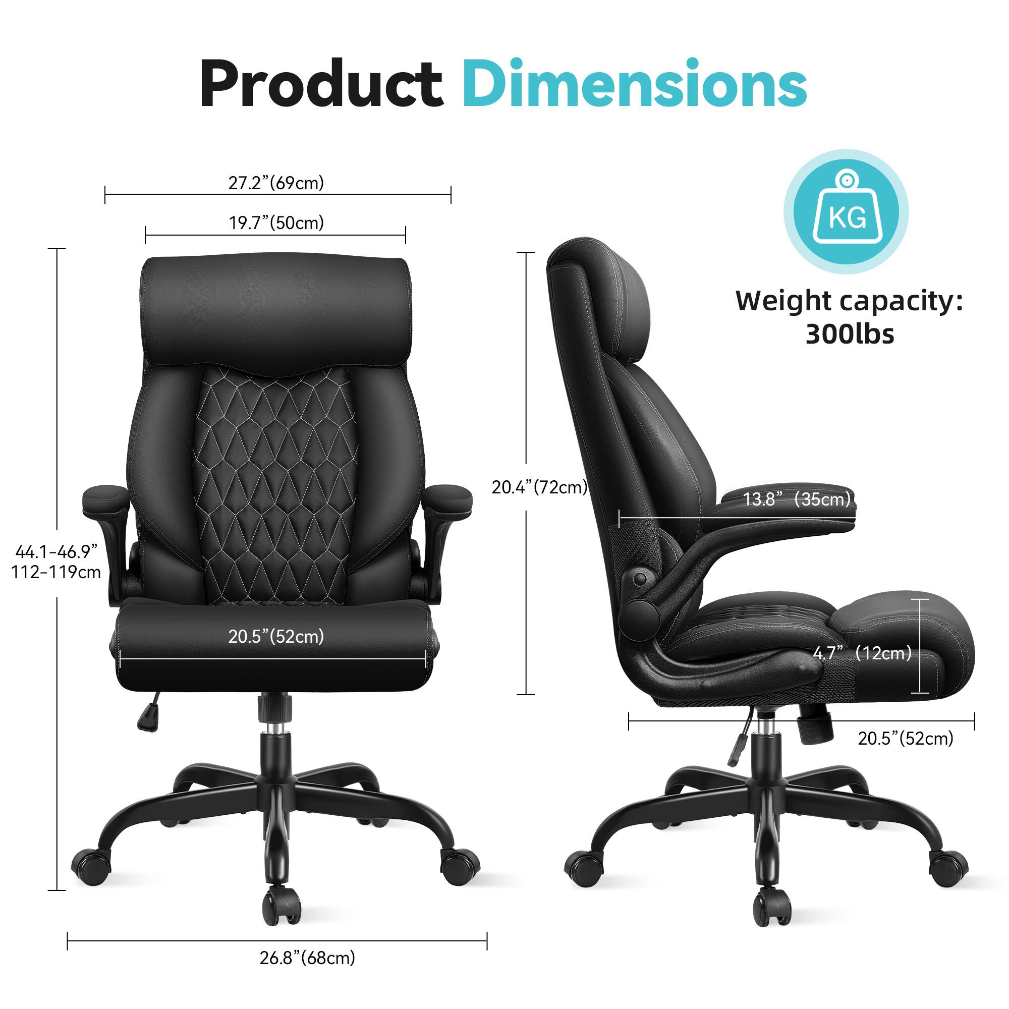 Product Dimensions:  
- 27.2" (69cm)  
- 19.7" (50cm)  
- 20.4" (72cm)  
- 13.8" (35cm)  
- 44.1-46.9" (112-119cm)  
- 20.5" (52cm)  
- 4.7" (12cm)  
- 20.5" (52cm)  
- 26.8" (68cm)  

Weight capacity: 300lbs
