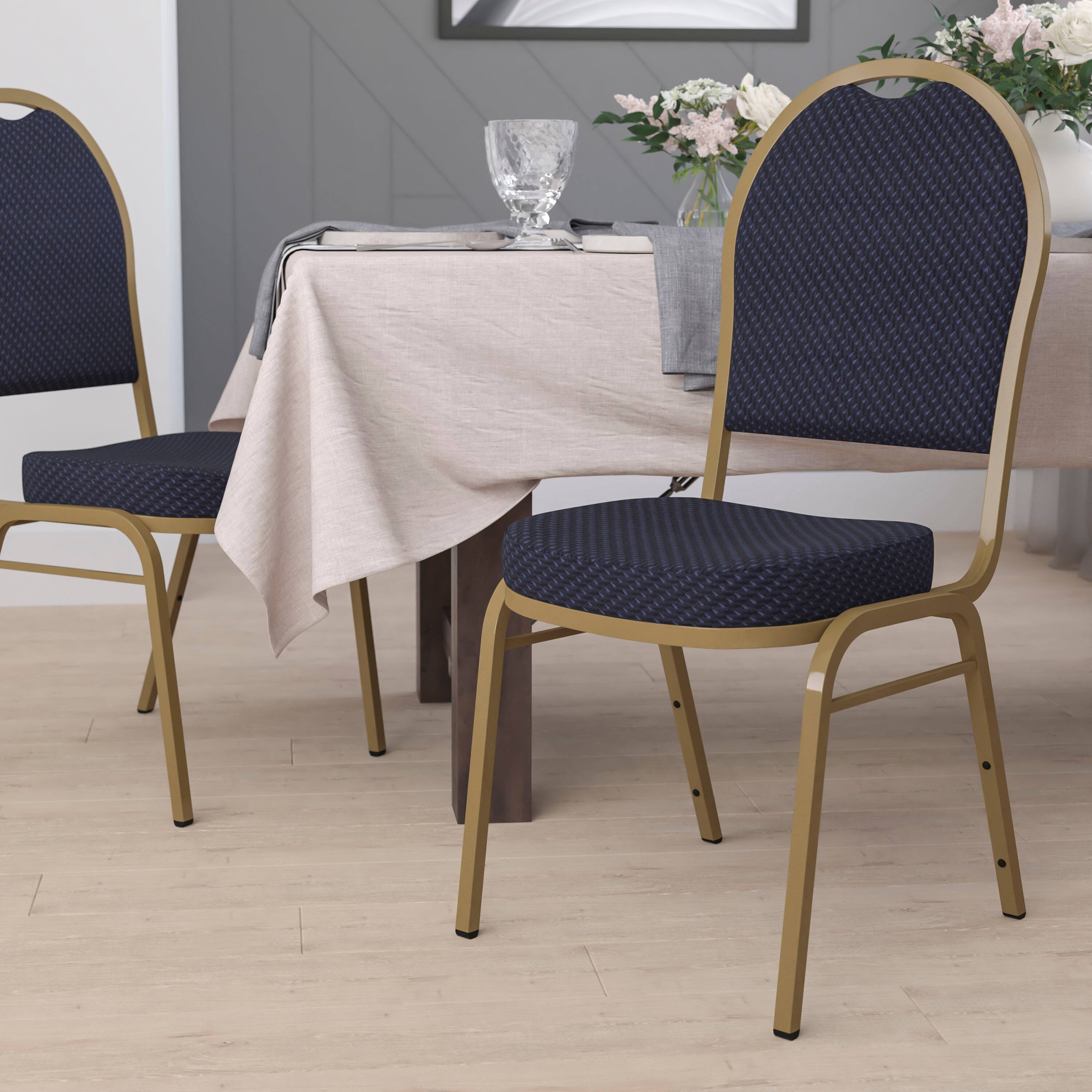 Alt View 1. Emma + Oliver - Dome Back Stacking Banquet Dining Chair - Navy Patterned Fabric/Gold Frame.