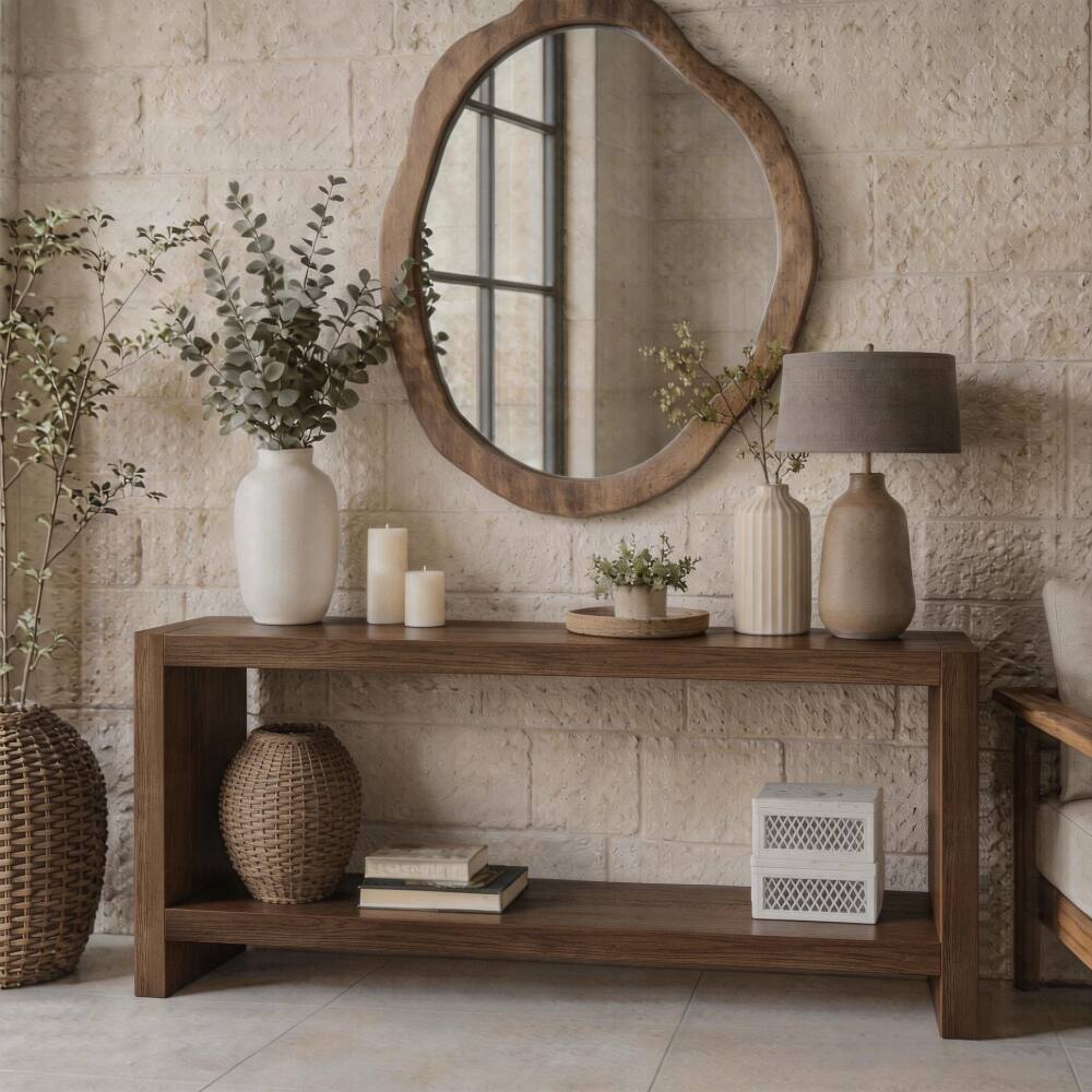 Angle. Loheer - Loheer 63 inch farmhouse console table, 2 tier rustic entryway table, vintage sofa table for behind couch - Rustic Brown.