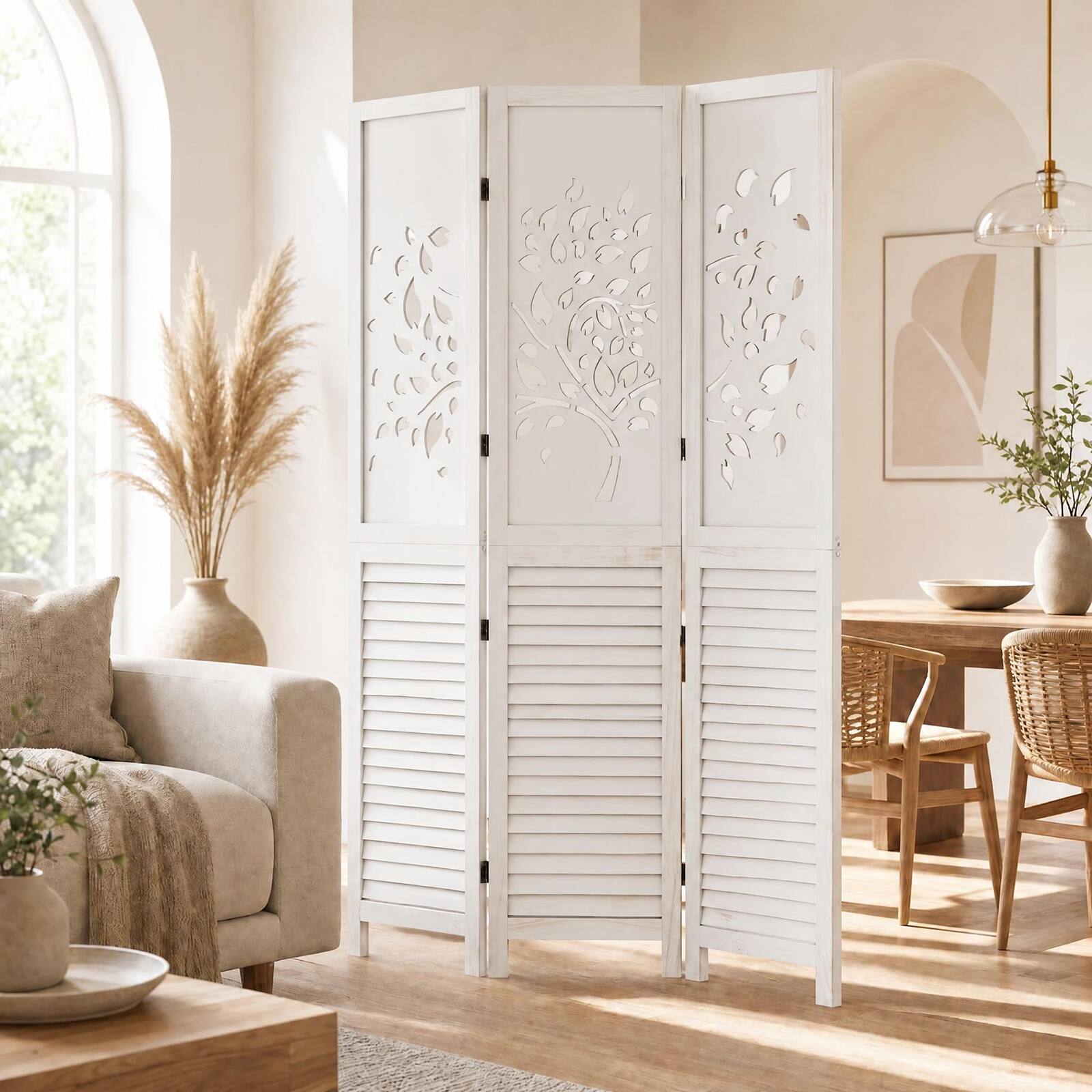 Alt View 3. Costway - Costway 67" Folding Room Divider, 3 Panel Wooden Privacy Screen with Tree & Leaves Cutout - White.