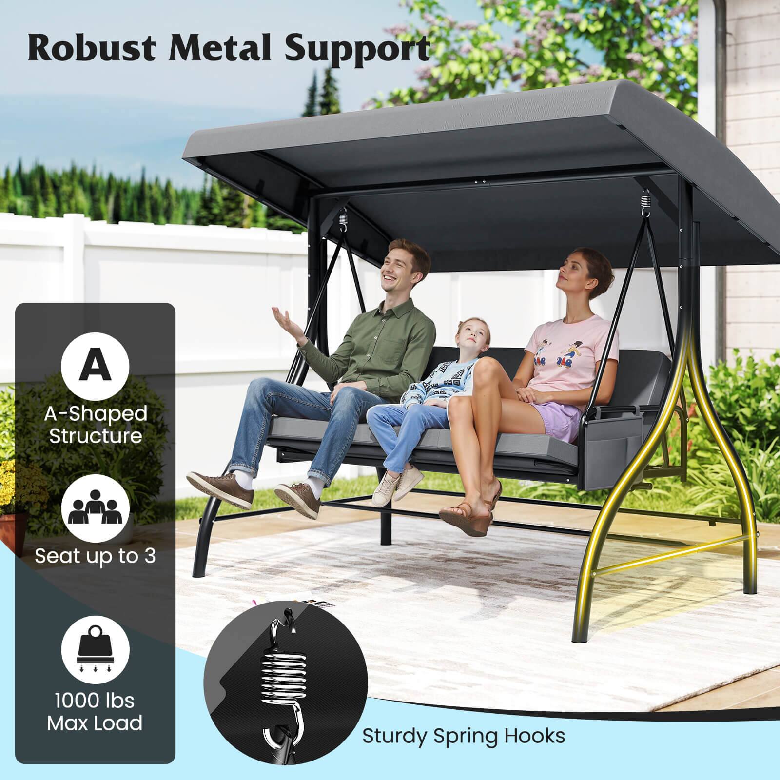 Robust Metal Support

A-Shaped Structure

Seat up to 3

1000 lbs Max Load

Sturdy Spring Hooks