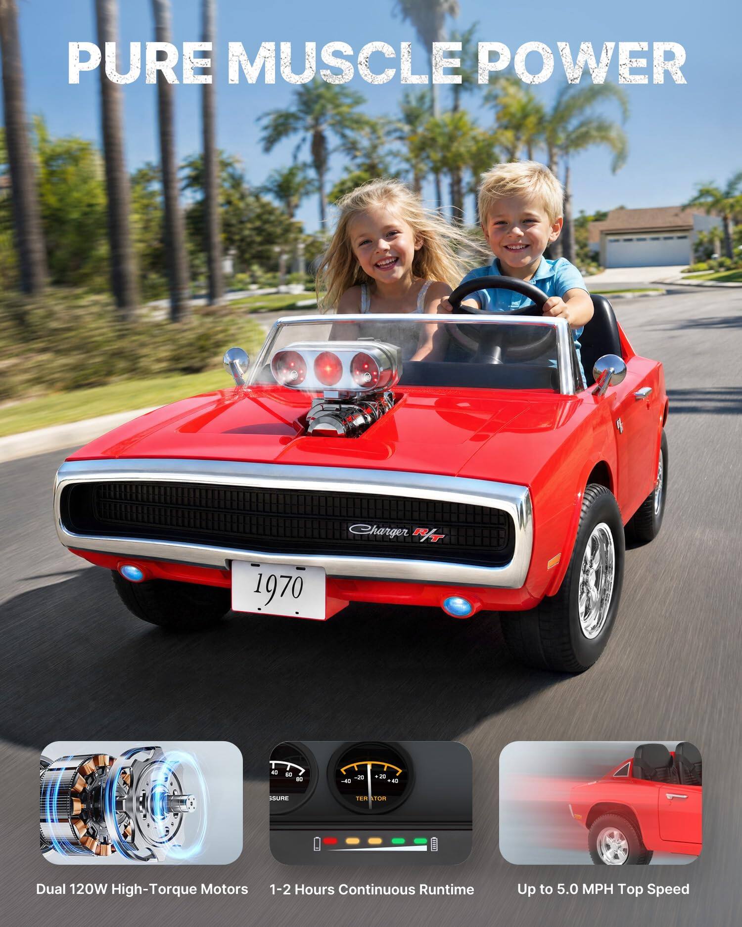 PURE MUSCLE POWER

Charger R/T  
1970

Dual 120W High-Torque Motors  
1-2 Hours Continuous Runtime  
Up to 5.0 MPH Top Speed