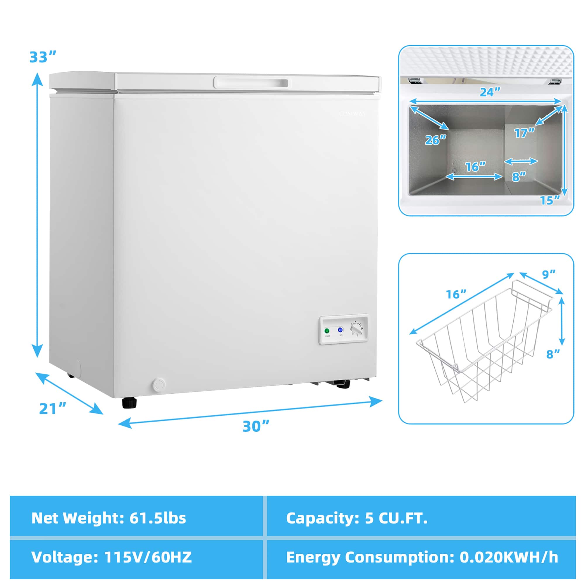 The text on the image reads:
33" I 24" e 26" 17" 16" 8" 15" 9" 16" - 8" 21" 30" Net Weight: 61.5lbs Capacity: 5 CU.FT. Voltage: 115V/60HZ Energy Consumption: 0.020KWH/h