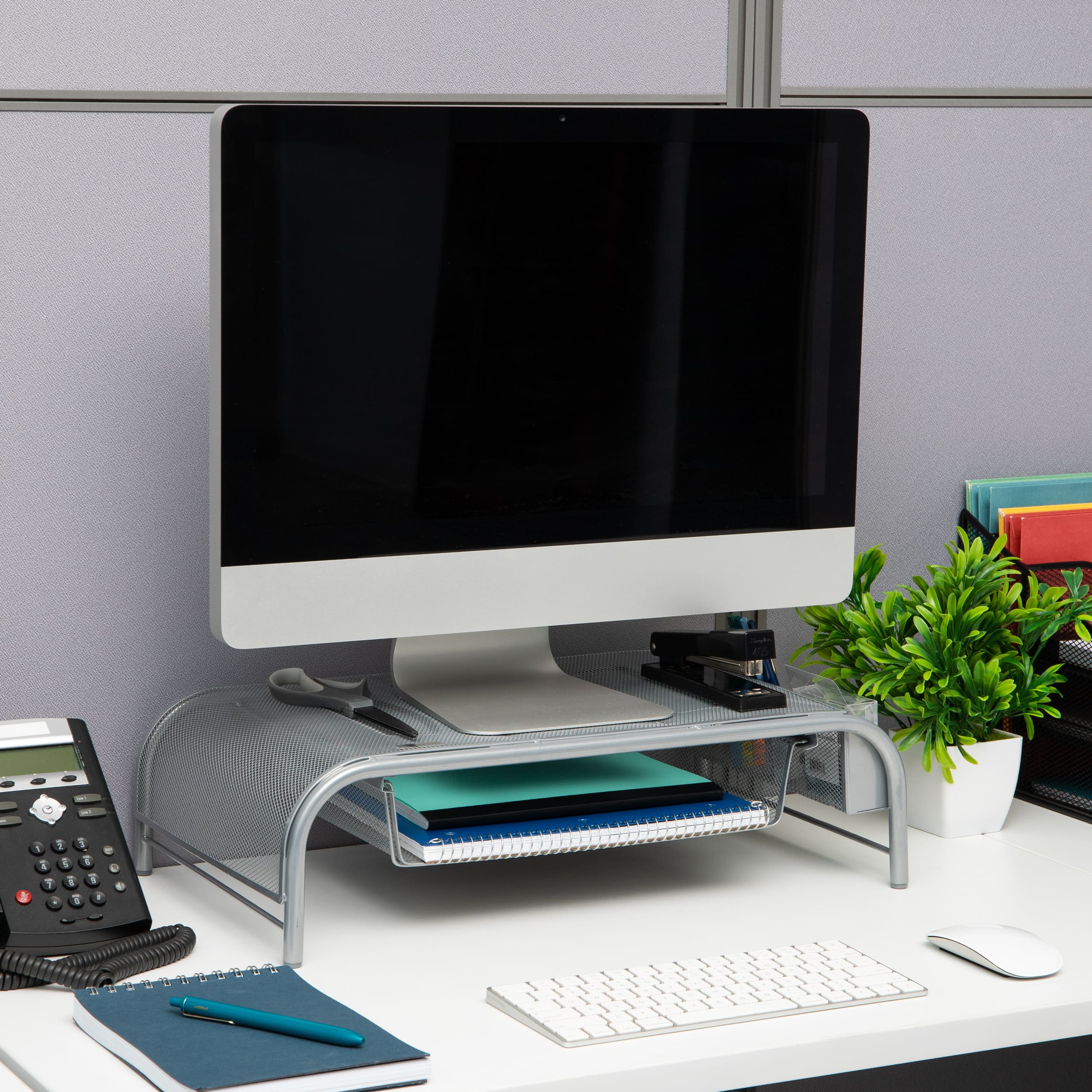 Angle View: Mind Reader - Monitor Stand, Ventilated Laptop Riser, Paper Tray, Storage, Office, Metal Mesh, 20"L x 11.5"W x 5.5"H - Silver