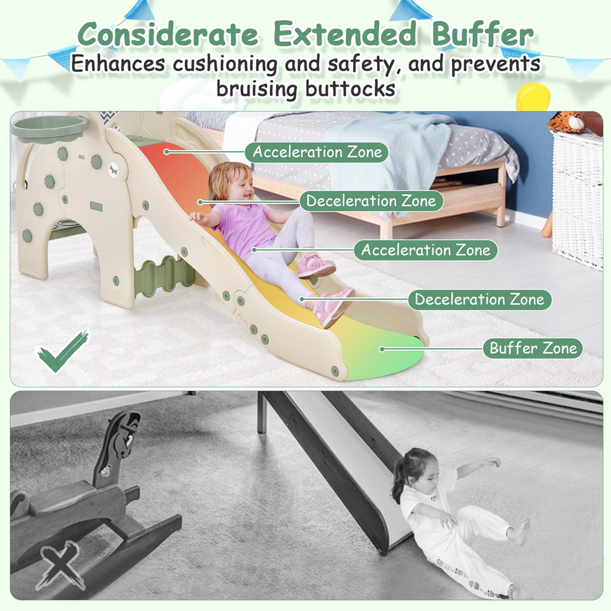 Considerate Extended Buffer  
Enhances cushioning and safety, and prevents bruising buttocks  

Acceleration Zone  
Deceleration Zone  
Acceleration Zone  
Deceleration Zone  
Buffer Zone