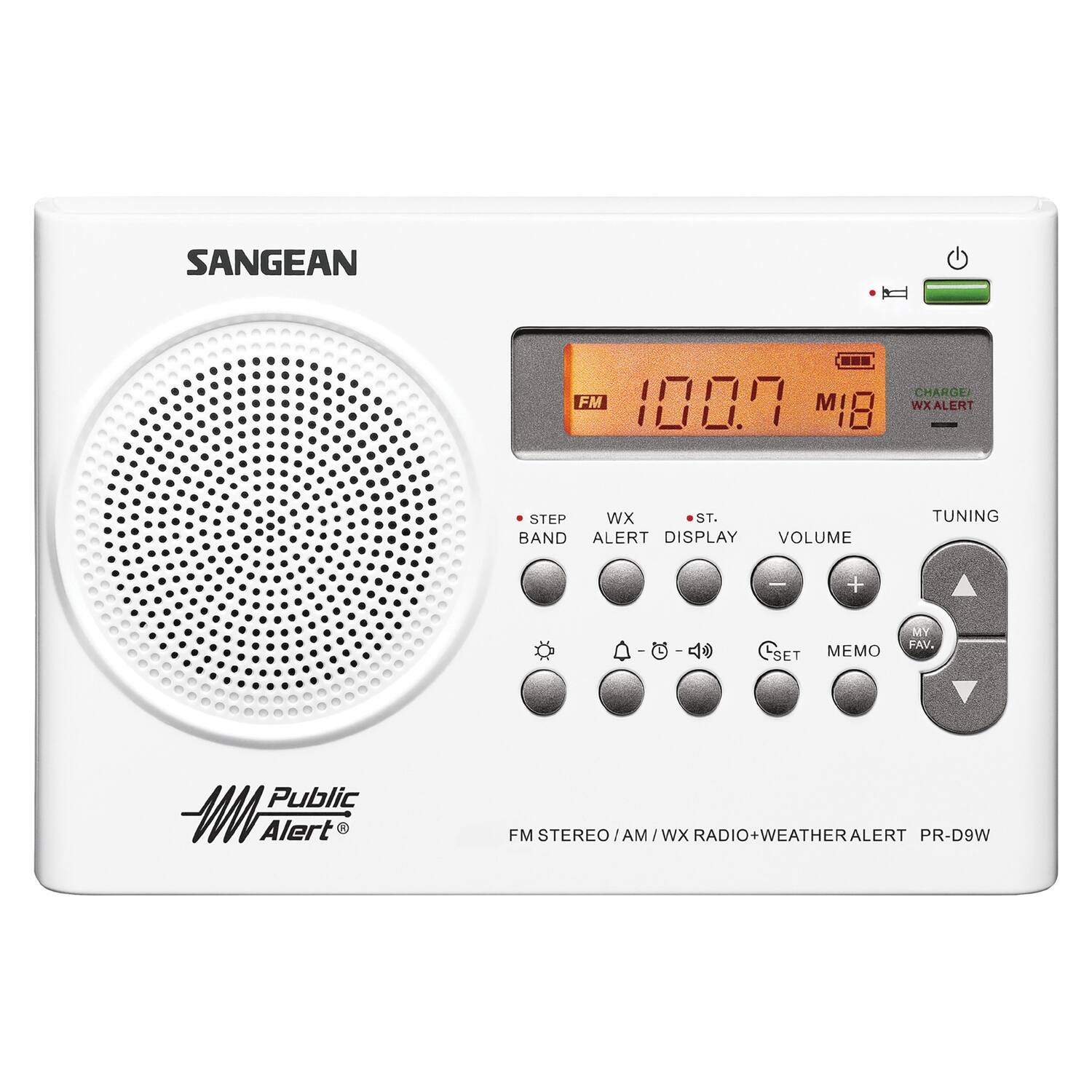 SANGEAN CHARGE FM 100.9 WXALERT WX MI8 STEP WX ST. BAND ALERT DISPLAY VOLUME TUNING + a -- - ee 40 SET MEMO MY FAV. Public Alert FM STEREO/ AM WX RADIO RADIO+WEATHERALERT PR-D9W