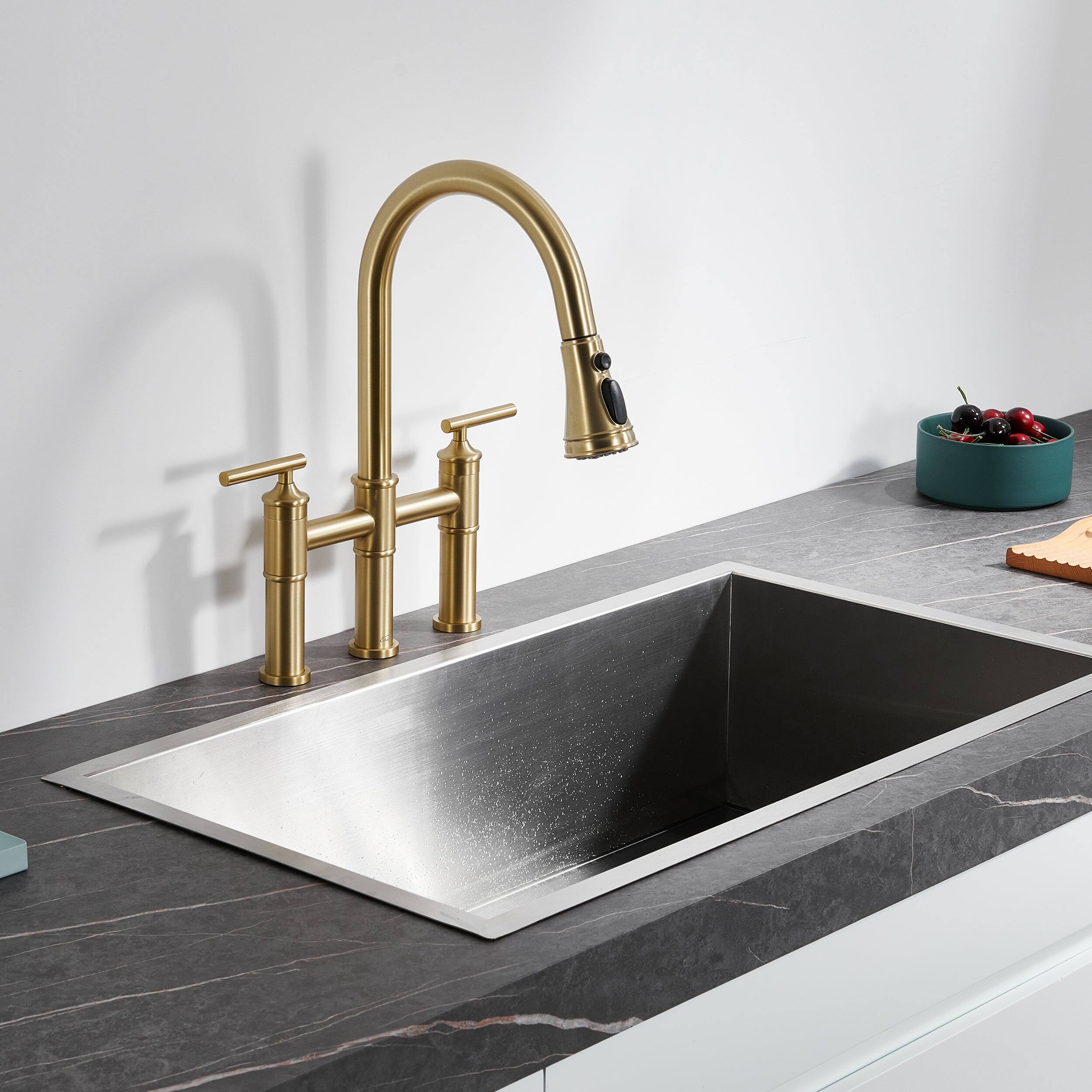 Alt View 4. Boyel Living - Double Handle Bridge Pull-Down Kitchen Faucet with 3-Spray Patterns and 360 Degrees Rotation Spout - Brushed Gold.