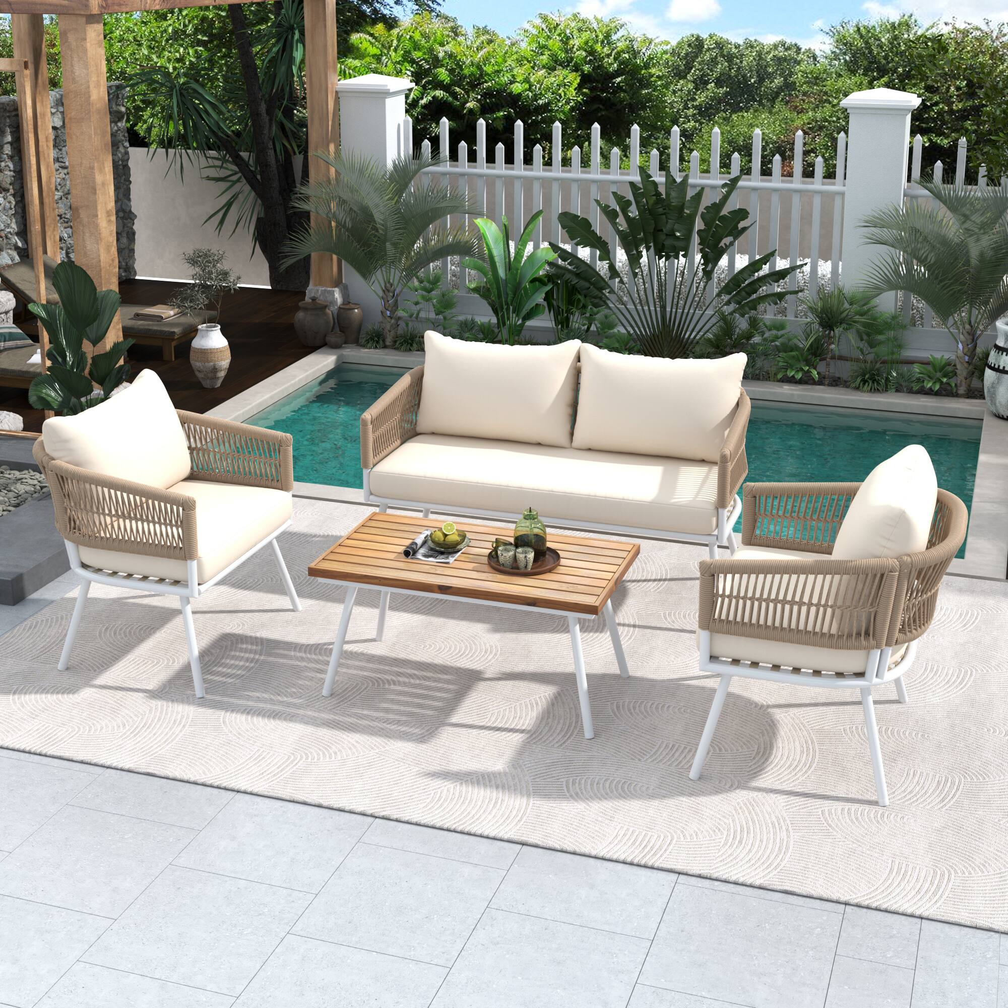 Left. Siljoy - 4-Piece Boho Rope Patio Set, Acacia Wood Table, Deep Seating Thick Cushions, Beige - Beige.