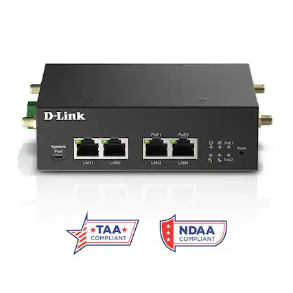 D-Link
PoE1 PoE2 System Port PoE1 Reset LAN1 LAN2 LAN3 LAN4 PoE2
TAA COMPLIANT
NDAA COMPLIANT