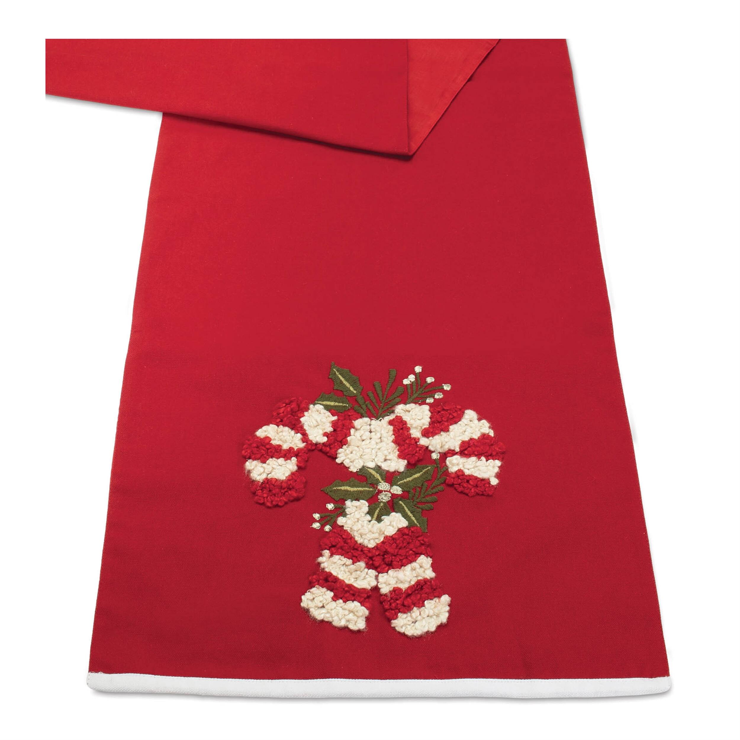 Angle. BreeBe - Embroidered Candy Cane Table Runner 72"L - Red, White.