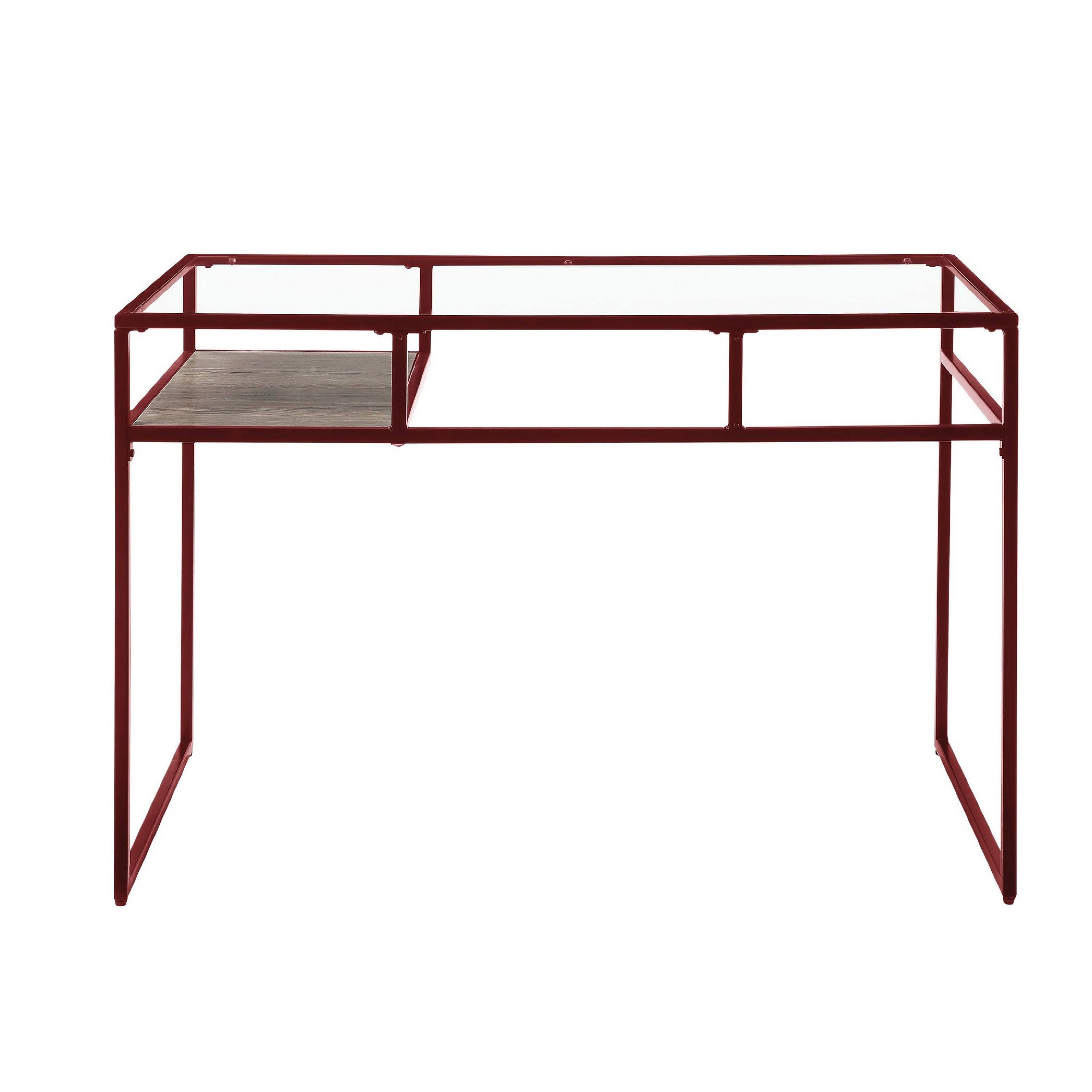 Angle. Manhattan Lane - Rectangular Glass Top Desk with Open Compartment and Sled Base, Red - Red.