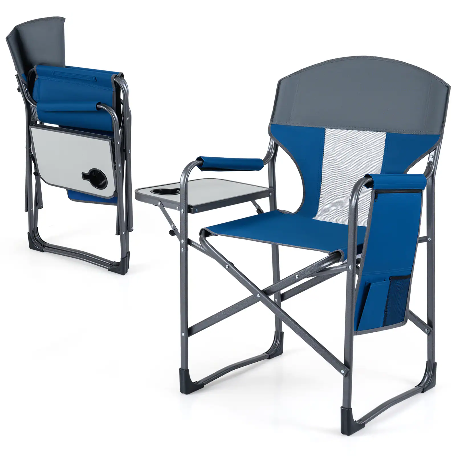Gymax - Folding Camping Chair Oversized Padded Portable Directors Chair w/ Side Table Navy & Gray - Blue