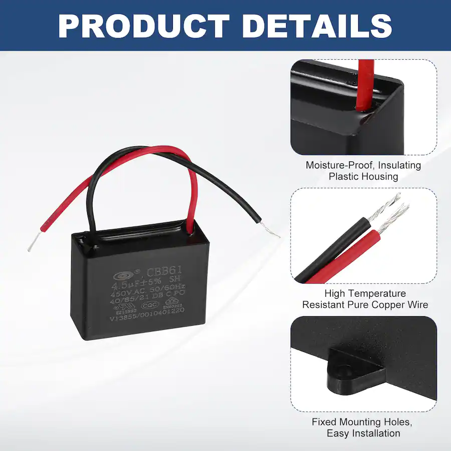 Unique Bargains 2pcs 4.5uF CBB61 Ceiling Fan Capacitor, AC 450V 2 Wires ...