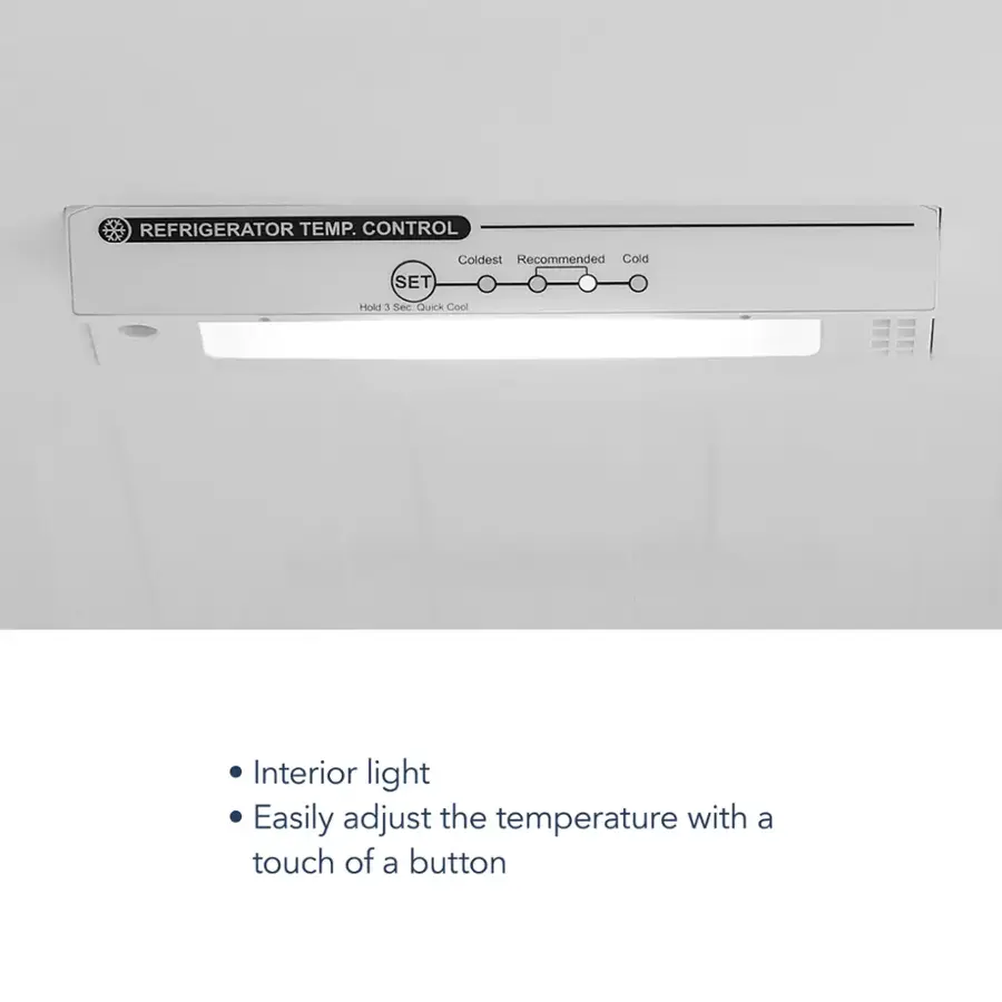 The image features a refrigerator temperature control set with the coldest recommended temperature for the refrigerator. The interior light is on, and the temperature control can be easily adjusted with a touch of a button.