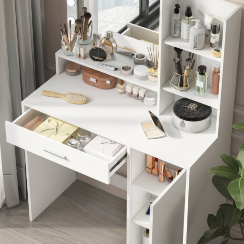 Alt View 1. LUCKY ONE - Vanity Desk with 12-Bulb LED Mirror, Large Drawer, 3 Shelves and 3 Cabinets for Bedroom - White.