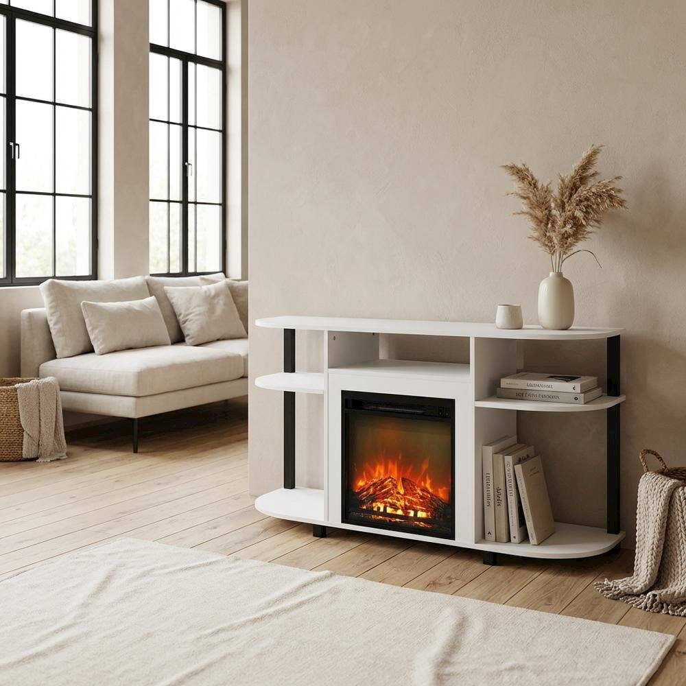 A modern living room features a white, minimalist entertainment unit with a built-in electric fireplace.