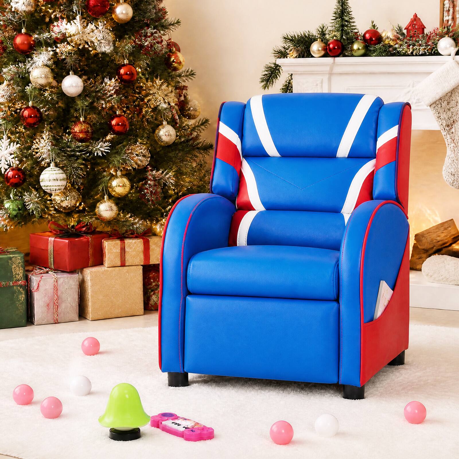 Front. Costway - Kids Recliner Chair Gaming Sofa PU Leather Armchair w/Side Pockets Blue - Blue.