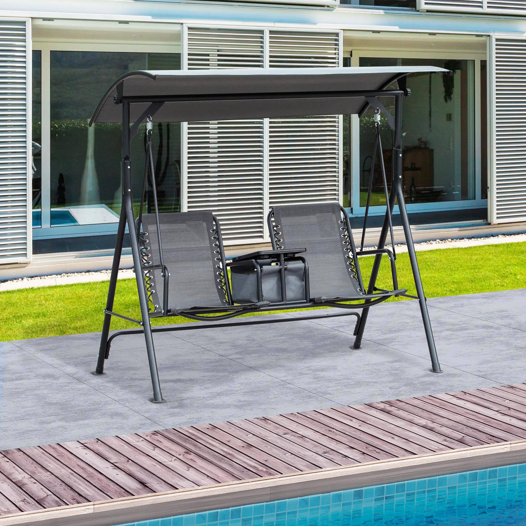Alt View 4. Resenkos - Resenkos 2-Person Swing With Canopy, Storage, Cup Holder, Blue, Outdoor Porch Seating, Gray.
