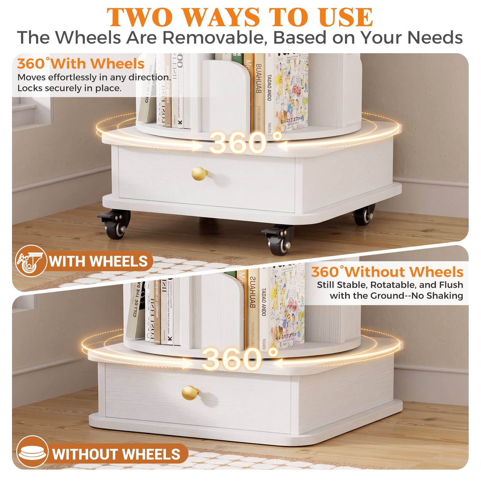 Aheaplus 6 Tier Rotating Bookshelf: Lockable Wheels & Hidden Drawer ...