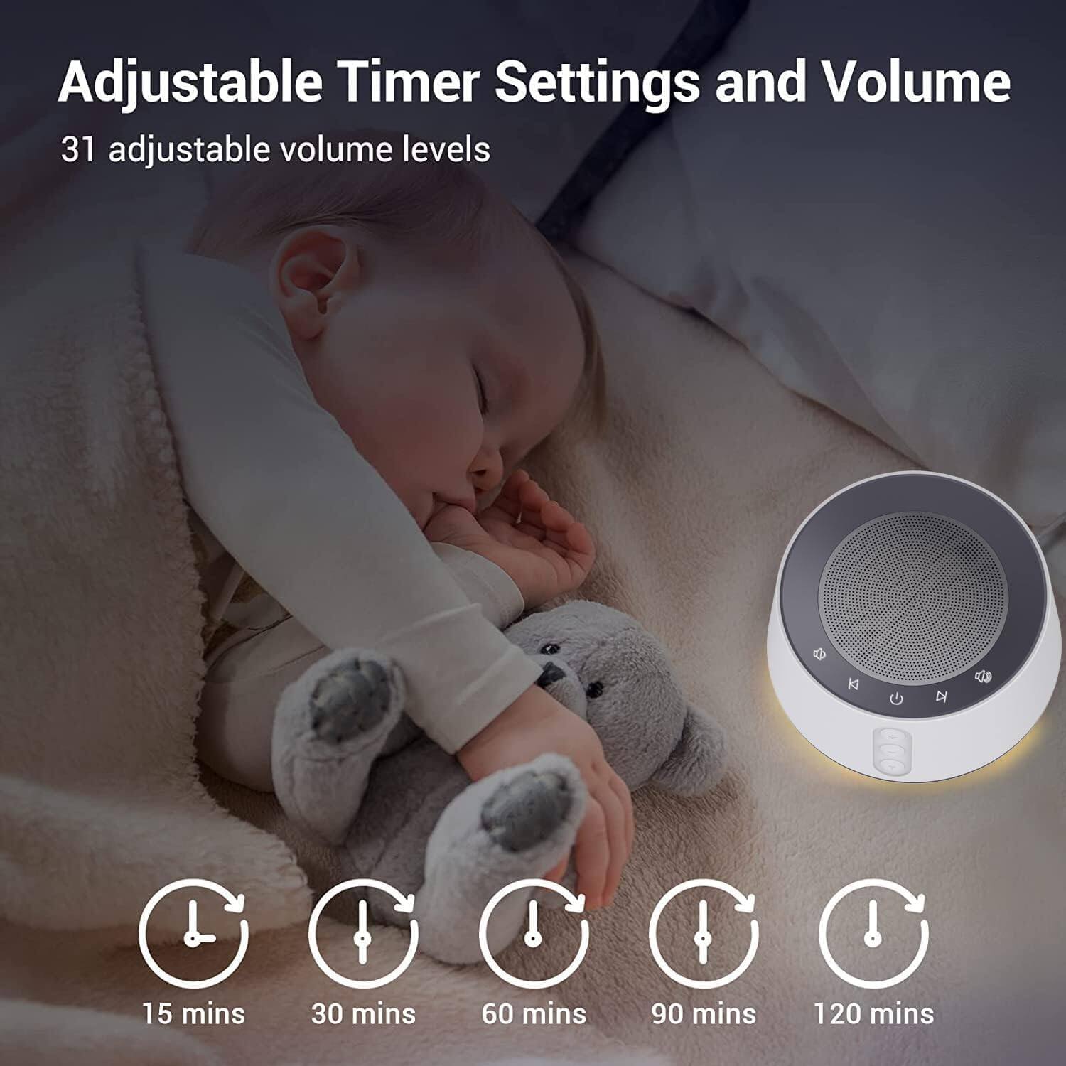 Adjustable Timer Settings and Volume  
31 adjustable volume levels  

15 mins  
30 mins  
60 mins  
90 mins  
120 mins