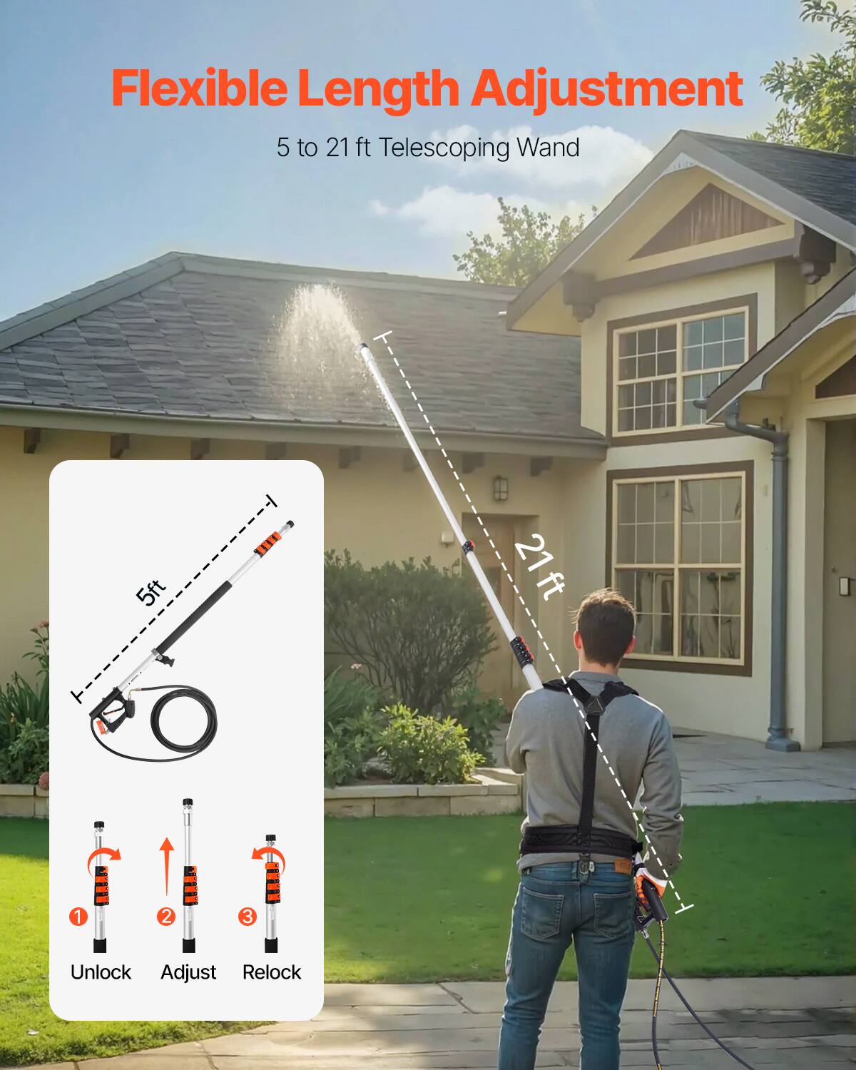 Flexible Length Adjustment  
5 to 21 ft Telescoping Wand  

1. Unlock  
2. Adjust  
3. Relock