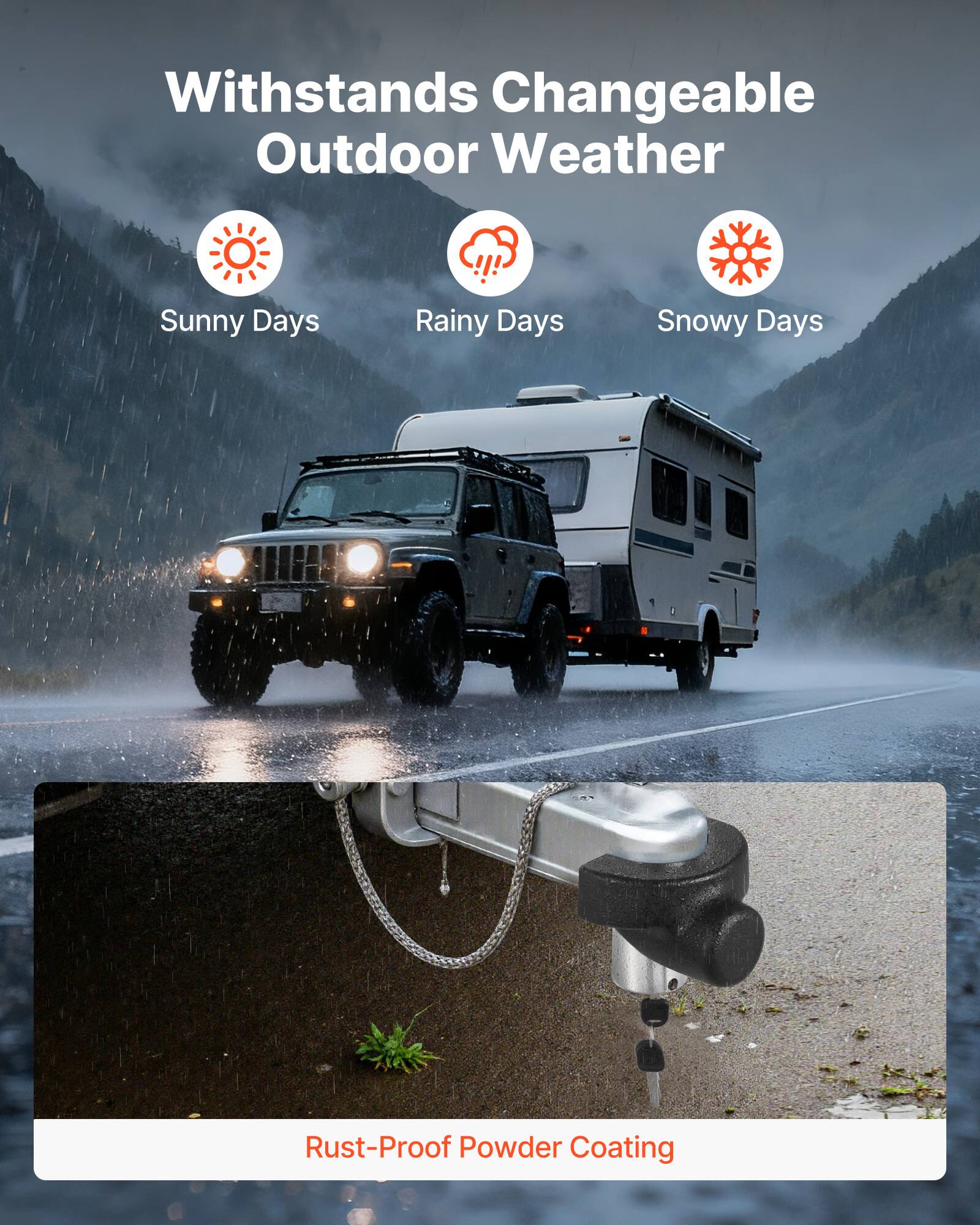 Withstands Changeable Outdoor Weather  
Sunny Days  
Rainy Days  
Snowy Days  

Rust-Proof Powder Coating