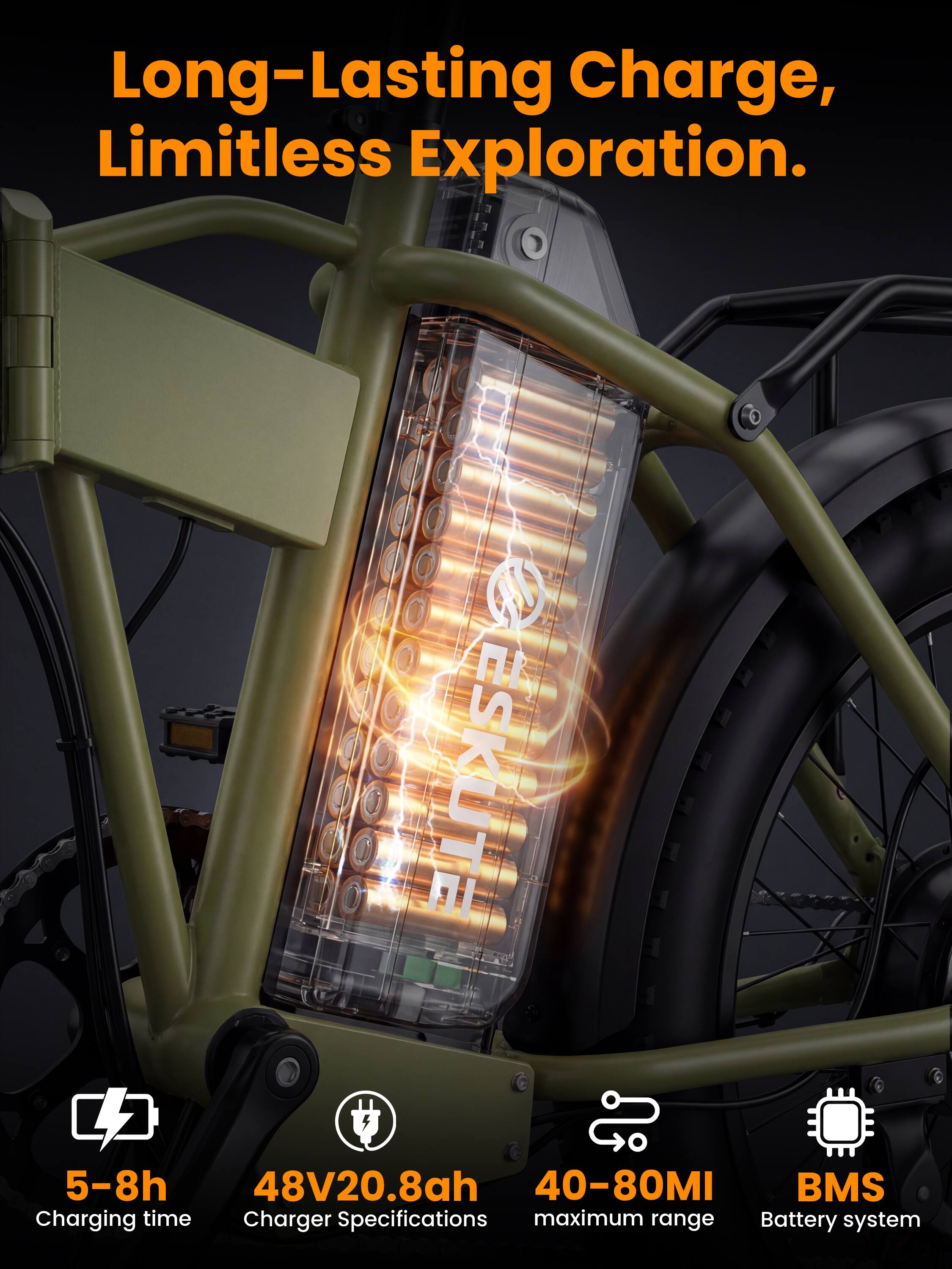 Long-Lasting Charge, Limitless Exploration.

ESKUTE

5-8h Charging time  
48V20.8ah Charger Specifications  
40-80MI maximum range  
BMS Battery system