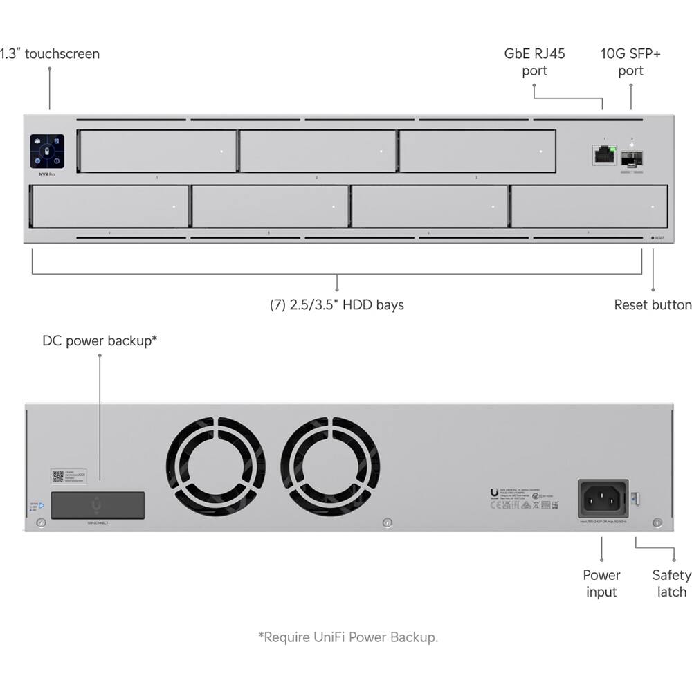 1.3" touchscreen  
GbE RJ45 port  
10G SFP+ port  
(7) 2.5/3.5" HDD bays  
Reset button  
DC power backup*  
Power input  
Safety latch  
*Require UniFi Power Backup