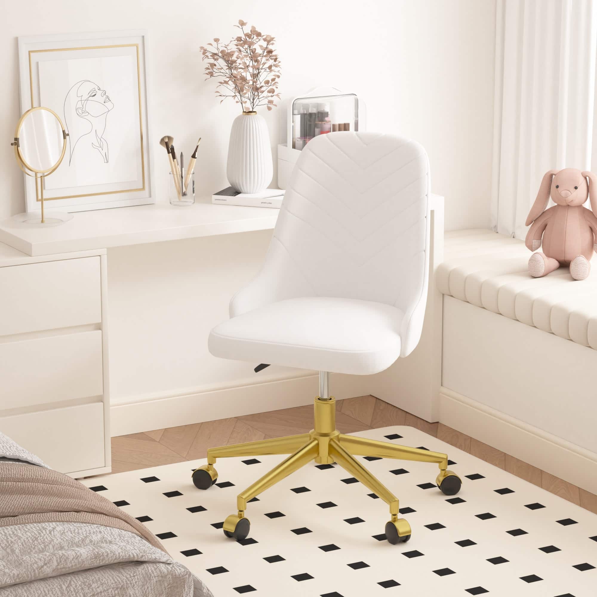 Vecelo - Velvet Swivel Accent Chair with Adjustable Height - 360° Rotating Office Desk Chair & Vanity Stool - White