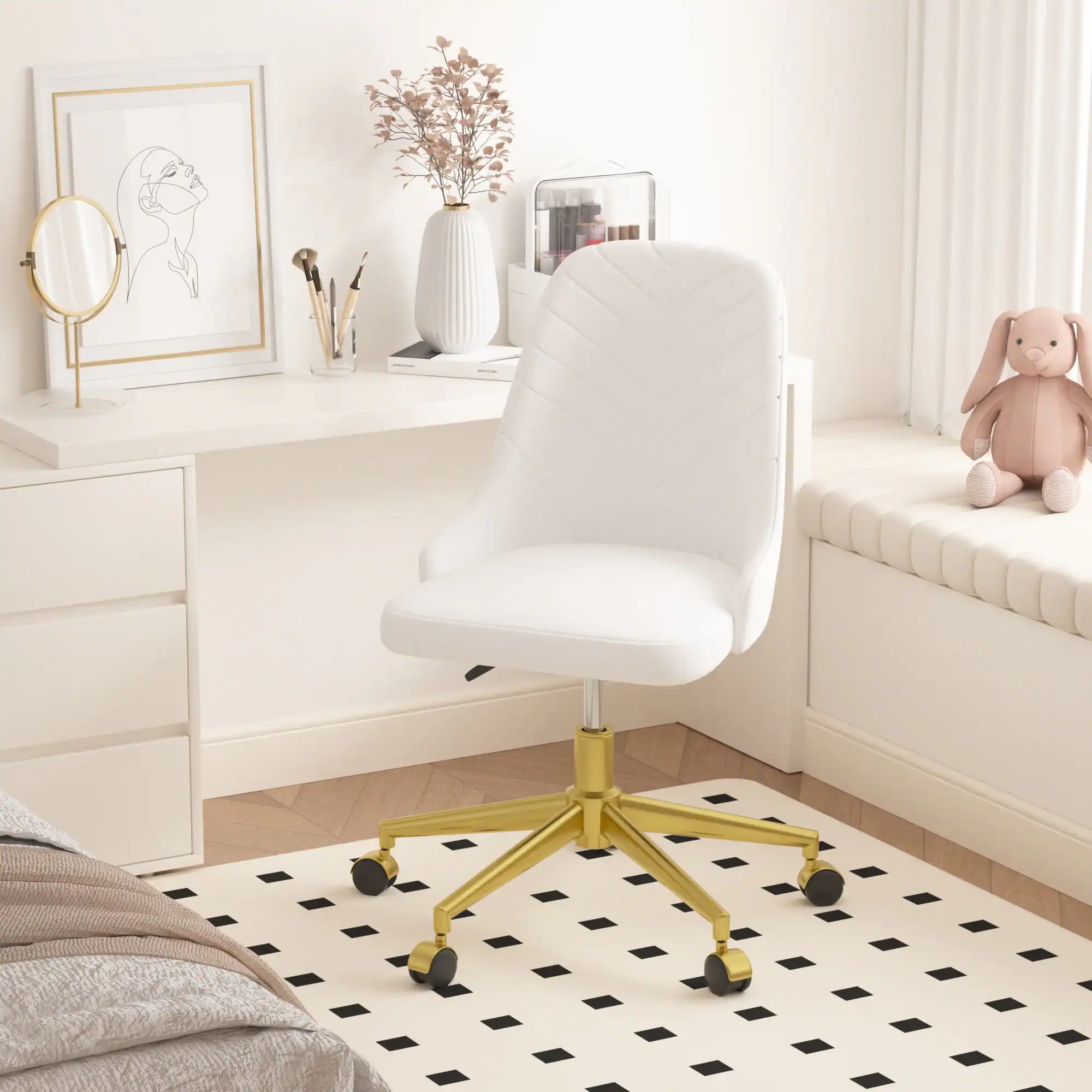 Vecelo - Velvet Swivel Accent Chair with Adjustable Height - 360° Rotating Office Desk Chair & Vanity Stool - White