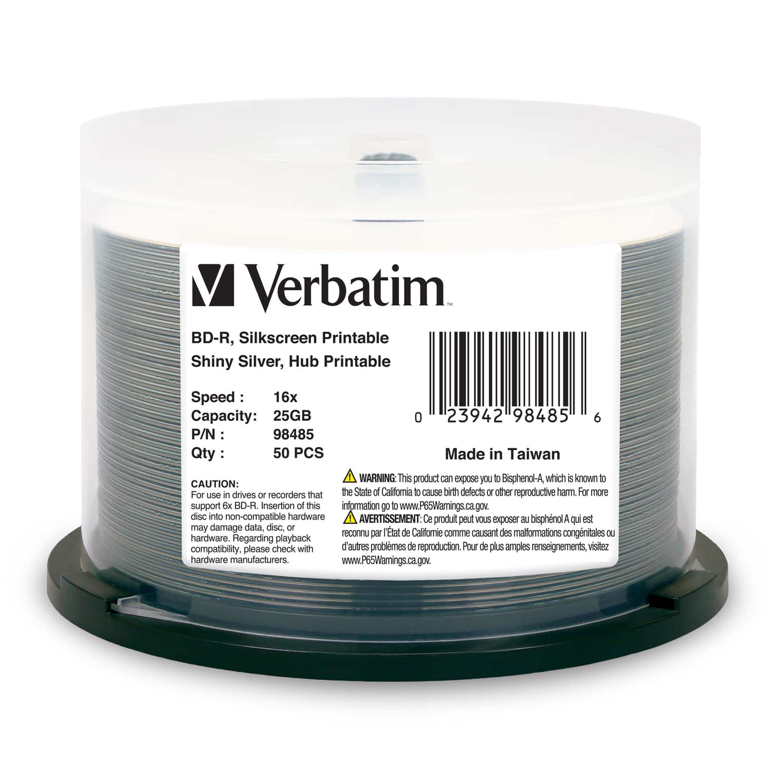 Verbatim - 98485 Bd-r 25-gb 16x Shiny Silver Silk-screen-printable Recordable Disc Spindle, 50 Pack