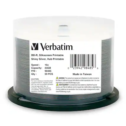 Verbatim
BD-R, Silkscreen Printable Shiny Silver, Hub Printable
Speed: 16x
Capacity: 25GB
P/N: 98485
Qty: 50 PCS
Made in Taiwan
CAUTION: For use in drives or recorders that are compatible with this disc. Insertion of this disc into non-compatible hardware may damage data, disc, or hardware. Regarding playback compatibility, please check with hardware manufacturers.
WARNING: This product can expose you to Bisphenol-A, which is known to the State of California to cause birth defects or other reproductive harm. For more information go to www.P65Warnings.ca.gov.
AVERTISSEMENT: Ce produit peut vous exposer au bisphenol A qui est reconnu par l’État de Californie comme causant des malformations congénitales ou d’autres problèmes de reproduction. Pour de plus amples renseignements, visitez www.P65Warnings.ca.gov.