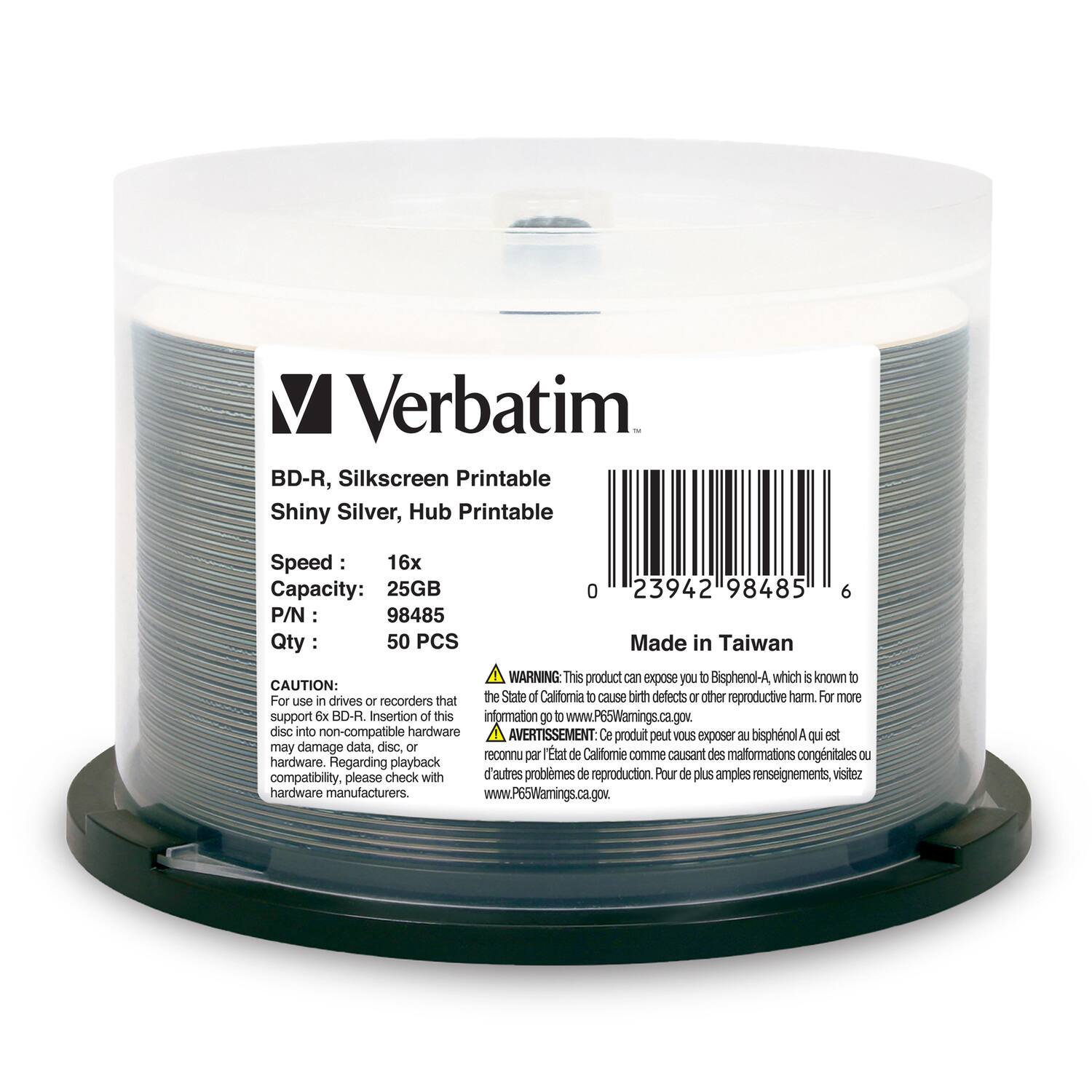 Verbatim - 98485 Bd-r 25-gb 16x Shiny Silver Silk-screen-printable Recordable Disc Spindle, 50 Pack