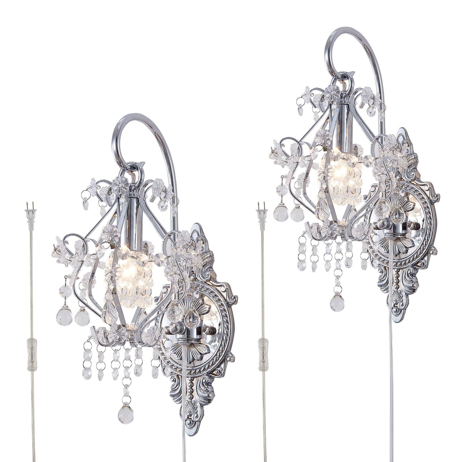Front. TECH SAFARI - Crystal Vintage Plug In Wall Sconces Set Of Indoor Light Fixture Modern Mount Lamp For Bedroom Living Room - Plug in Silver 2 Pack.