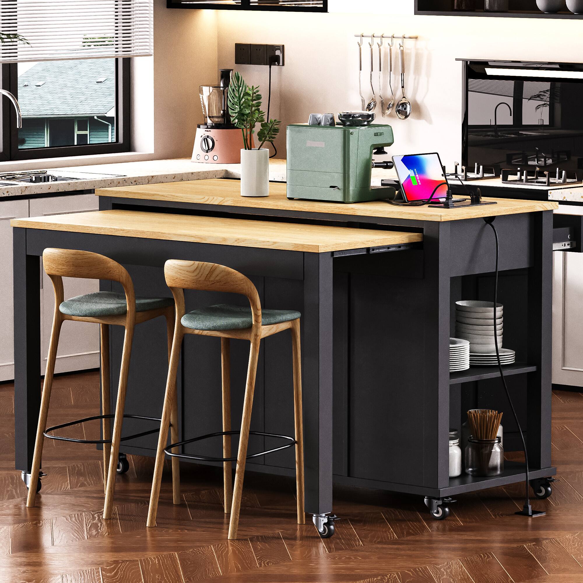 Angle. Whisen - 47 inch Kitchen Island with Extendable Dining Table, Rubber Wood Veneer Top, Rolling Cart with Storage - Black.