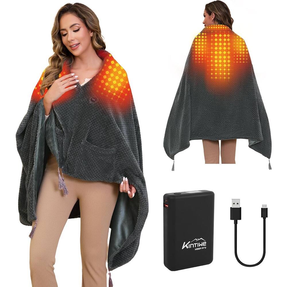 MOSZAR LLC - Portable Battery Heated Blanket Shawl, 3 Heat Modes, 4 Heating Zones, Grey - Heather Grey