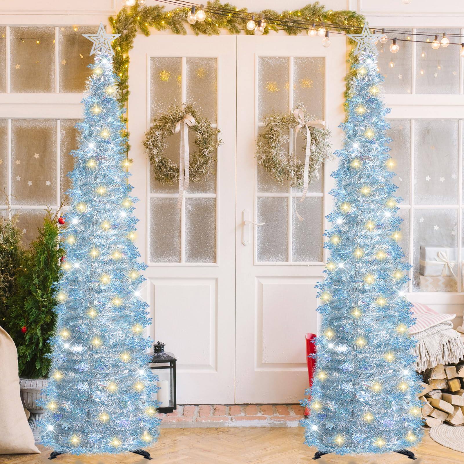 Alt View 8. Skar Audio - Pop Up Christmas Tree With 100 Led Timer Lights & Remote Collapsible Tinsel Artificial Pencil - Dark Green - White Edges 5ft.