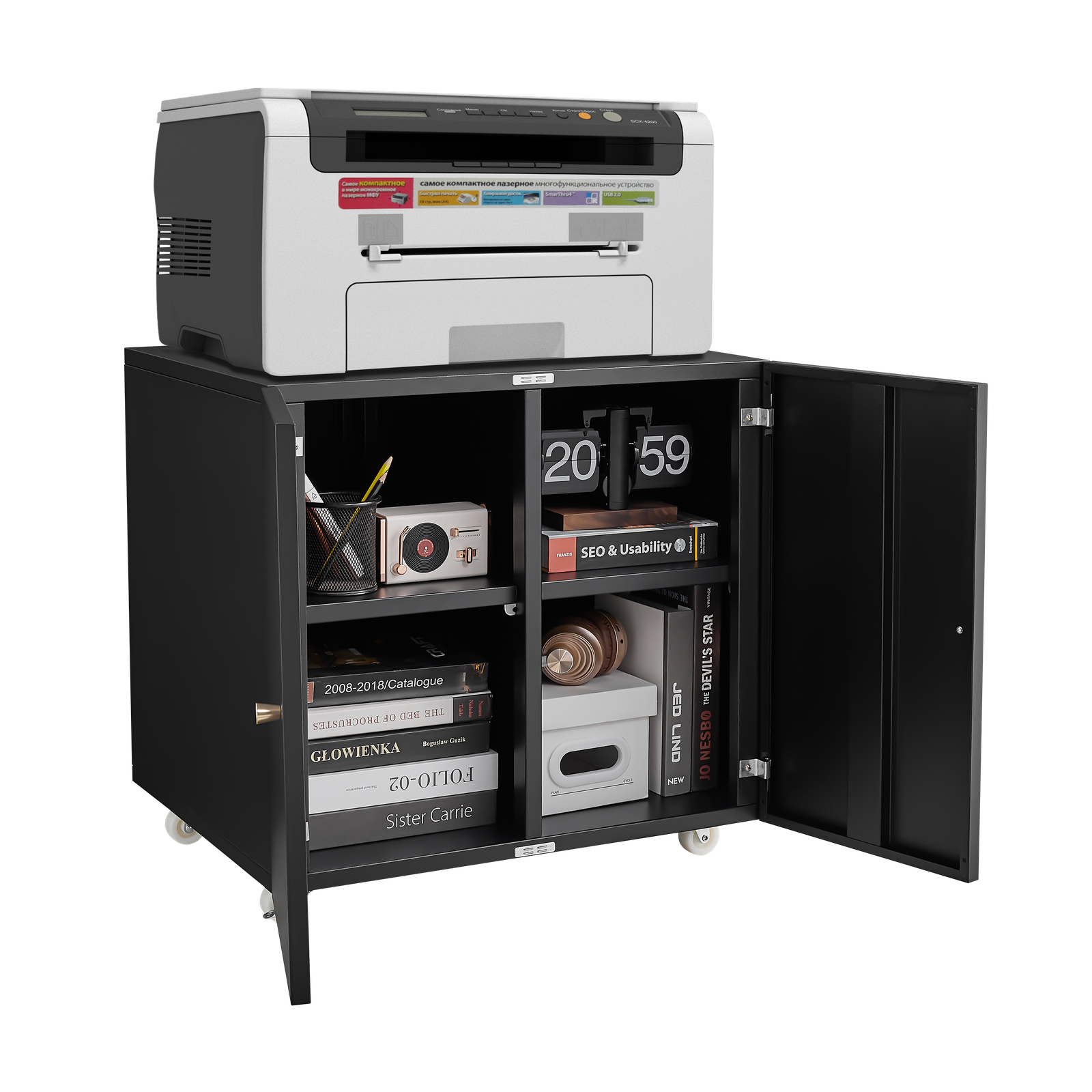 Sure, here is the corrected and grouped text from the image:

**Top Shelf:**
- SEO & Usability

**Second Shelf:**
- 2008-2018 Catalogue
- SEO & Usability

**Third Shelf:**
- 2008-2018 Catalogue
- SEO & Usability

**Fourth Shelf:**
- GLOWIENKA
- Sister Carrie

**Fifth Shelf:**
- JED LIND
- NEW
- "DEVIL'S STAR"

**Digital Clock:**
- 20:59

**Printer:**
- (No visible text)

**Other Items:**
- Various books and items, but no visible text.