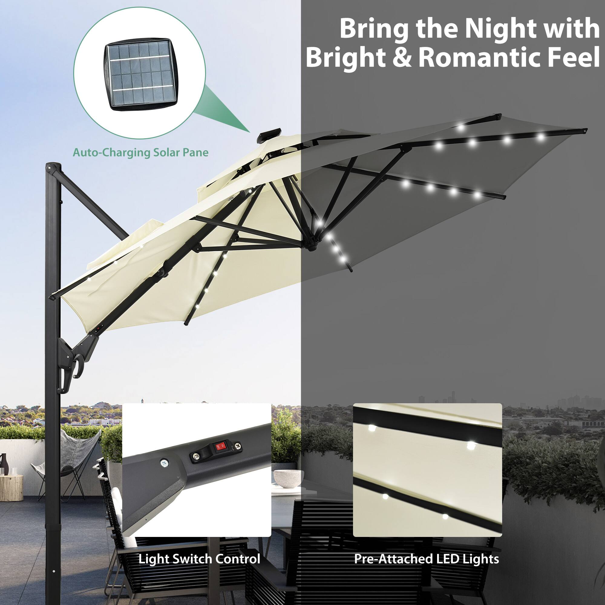 Bring the Night with Bright & Romantic Feel  
Auto-Charging Solar Pane  
1 Light Switch Control  
Pre-Attached LED Lights