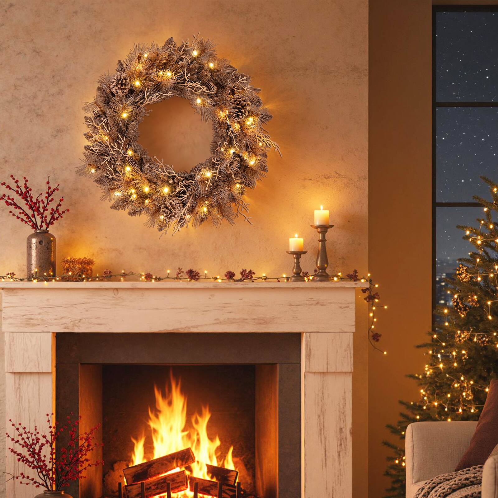 Alt View 1. Costway - Costway 1 PCS 24" Pre-lit Christmas Wreath Front Door Artificial Xmas Wreath with 105 Branch Tips - Brown.