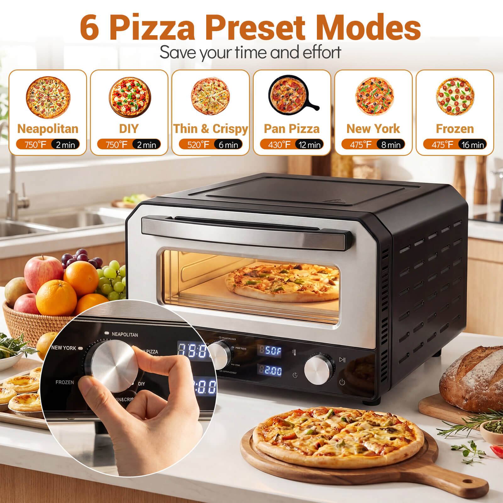 6 Pizza Preset Modes  
Save your time and effort  

- Neapolitan: 750°F 2 min  
- DIY: 750°F 2 min  
- Thin & Crispy: 520°F 6 min  
- Pan Pizza: 430°F 12 min  
- New York: 475°F 8 min  
- Frozen: 475°F 16 min  

NEW YORK FROZEN NEAPOLITAN PIZZA DIY UNECRI