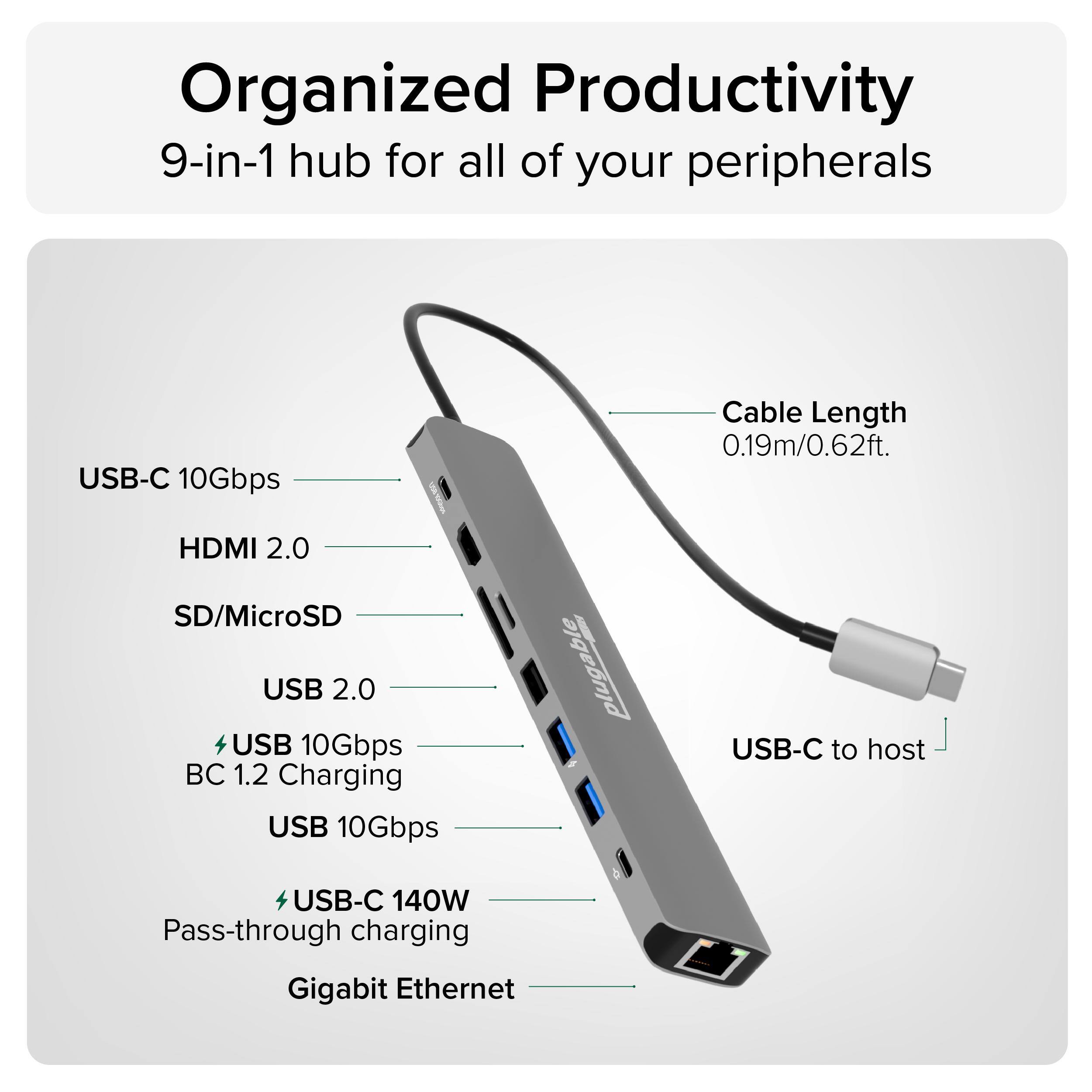 Organized Productivity  
9-in-1 hub for all of your peripherals  

- USB-C 10Gbps  
- HDMI 2.0  
- SD/MicroSD  
- USB 2.0  
- USB 10Gbps  
- BC 1.2 Charging  
- USB 10Gbps  
- USB-C 140W Pass-through charging  
- Gigabit Ethernet  

Cable Length: 0.19m/0.62ft.  

USB-C to host