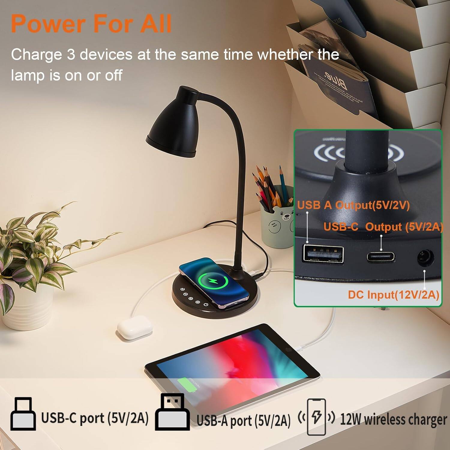 Power For All  
Charge 3 devices at the same time whether the lamp is on or off  

USB A Output (5V/2A)  
USB-C Output (5V/2A)  
DC Input (12V/2A)  

USB-C port (5V/2A)  
USB-A port (5V/2A)  
12W wireless charger