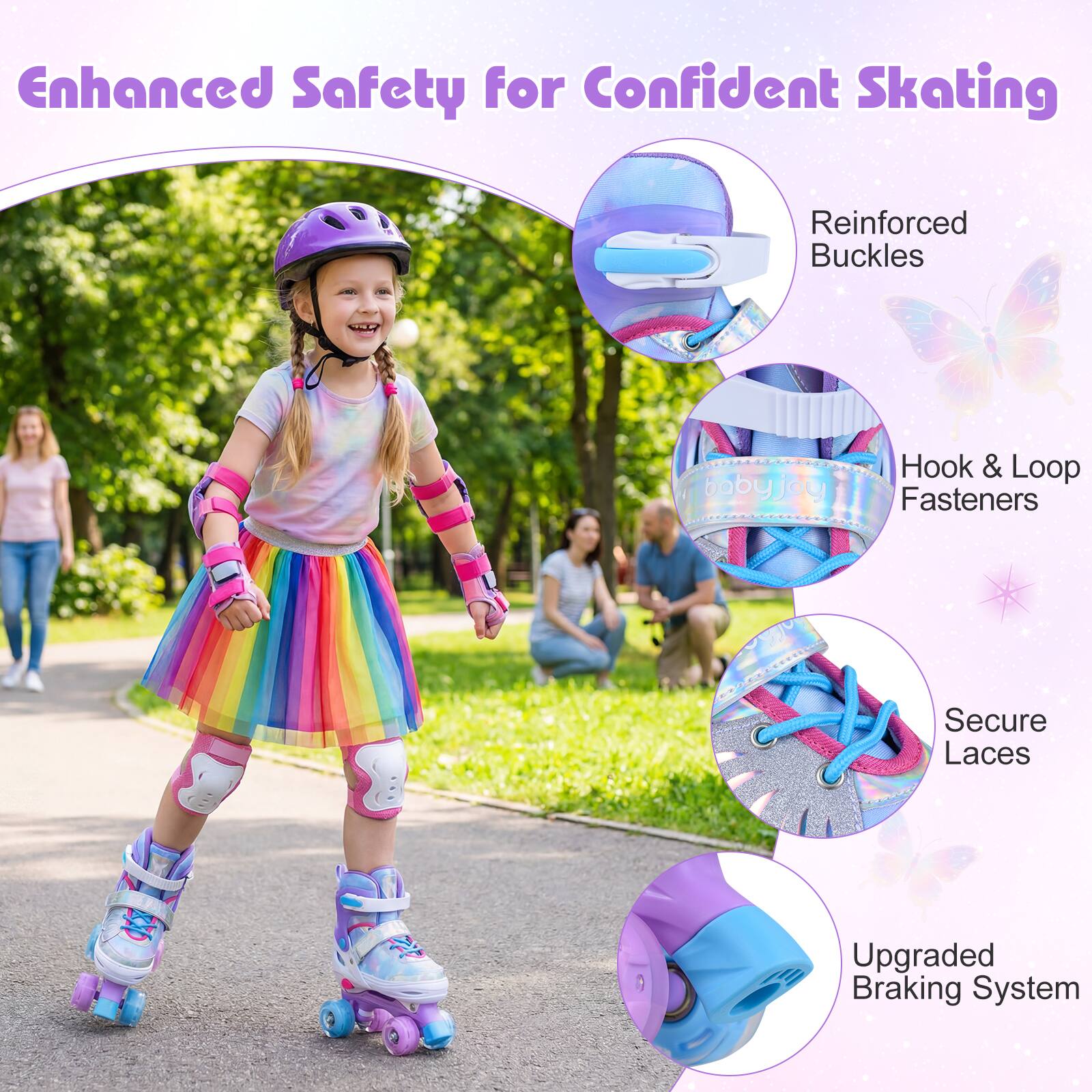 Enhanced Safety for Confident Skating

- Reinforced Buckles
- Hook & Loop Fasteners
- Secure Laces
- Upgraded Braking System
