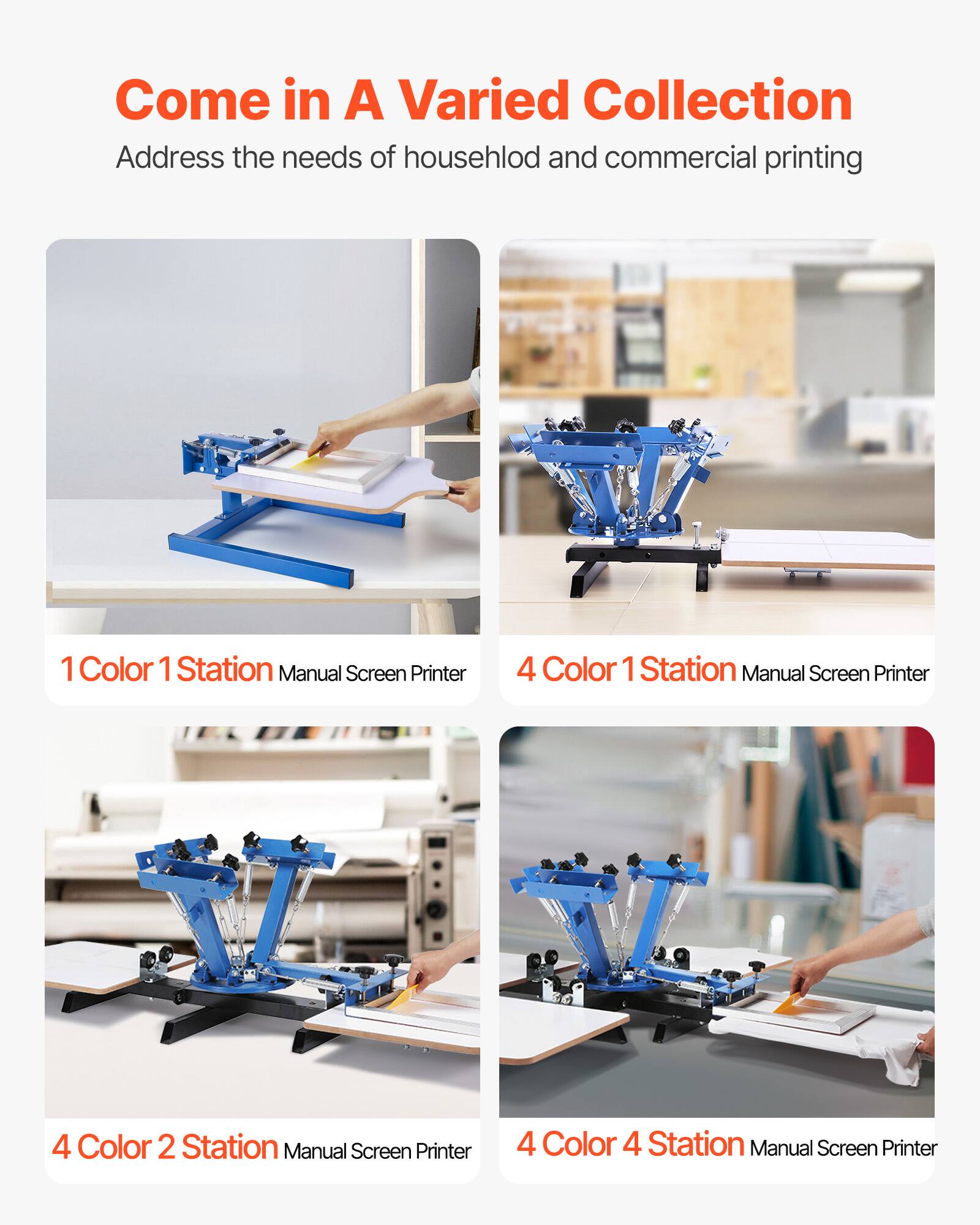 Come in A Varied Collection  
Address the needs of household and commercial printing

1 Color 1 Station Manual Screen Printer  
4 Color 1 Station Manual Screen Printer  
4 Color 2 Station Manual Screen Printer  
4 Color 4 Station Manual Screen Printer