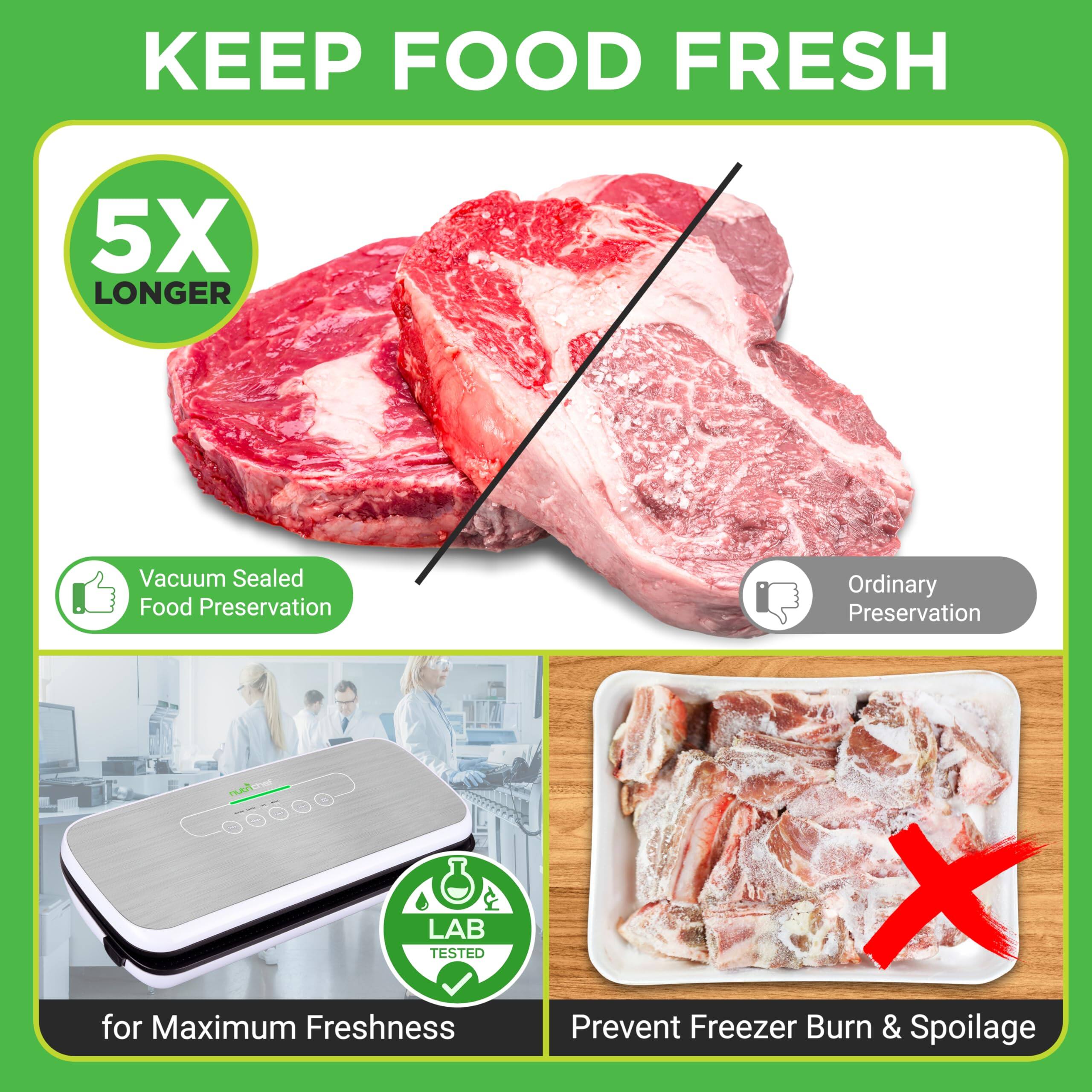 KEEP FOOD FRESH

5X LONGER

Vacuum Sealed Food Preservation

Ordinary Preservation

LAB TESTED for Maximum Freshness

Prevent Freezer Burn & Spoilage