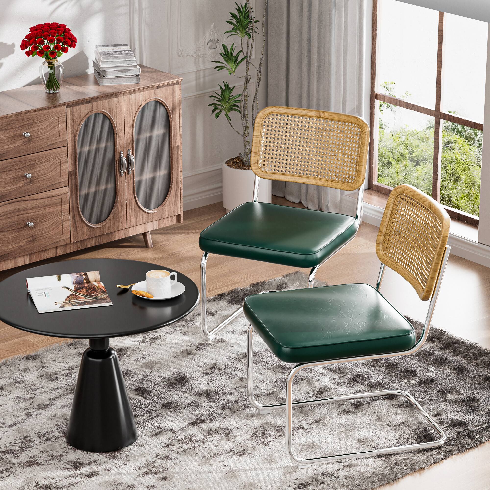 Alt View 5. KERDOM - 2 Pcs Natural Rattan Dining Chairs, PU Leather Kitchen Chairs, Cane Mesh Back, Patio Coffee Corner Chair Cesca Style - Green.