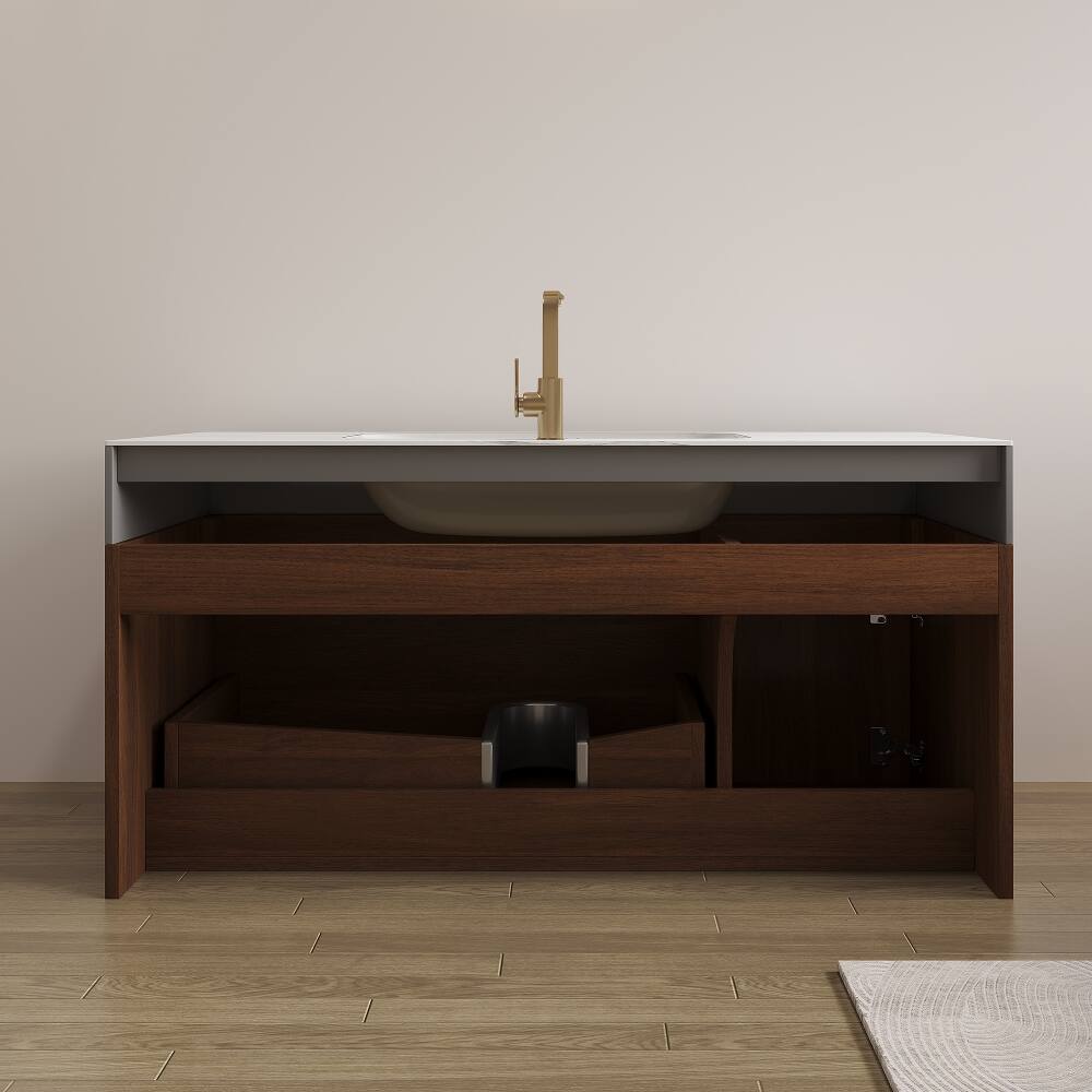 Alt View 2. Loheer - Loheer 36 inch floating bathroom vanity seamless sintered stone top wall mounted vanity with sink walnut - Walnut, White.