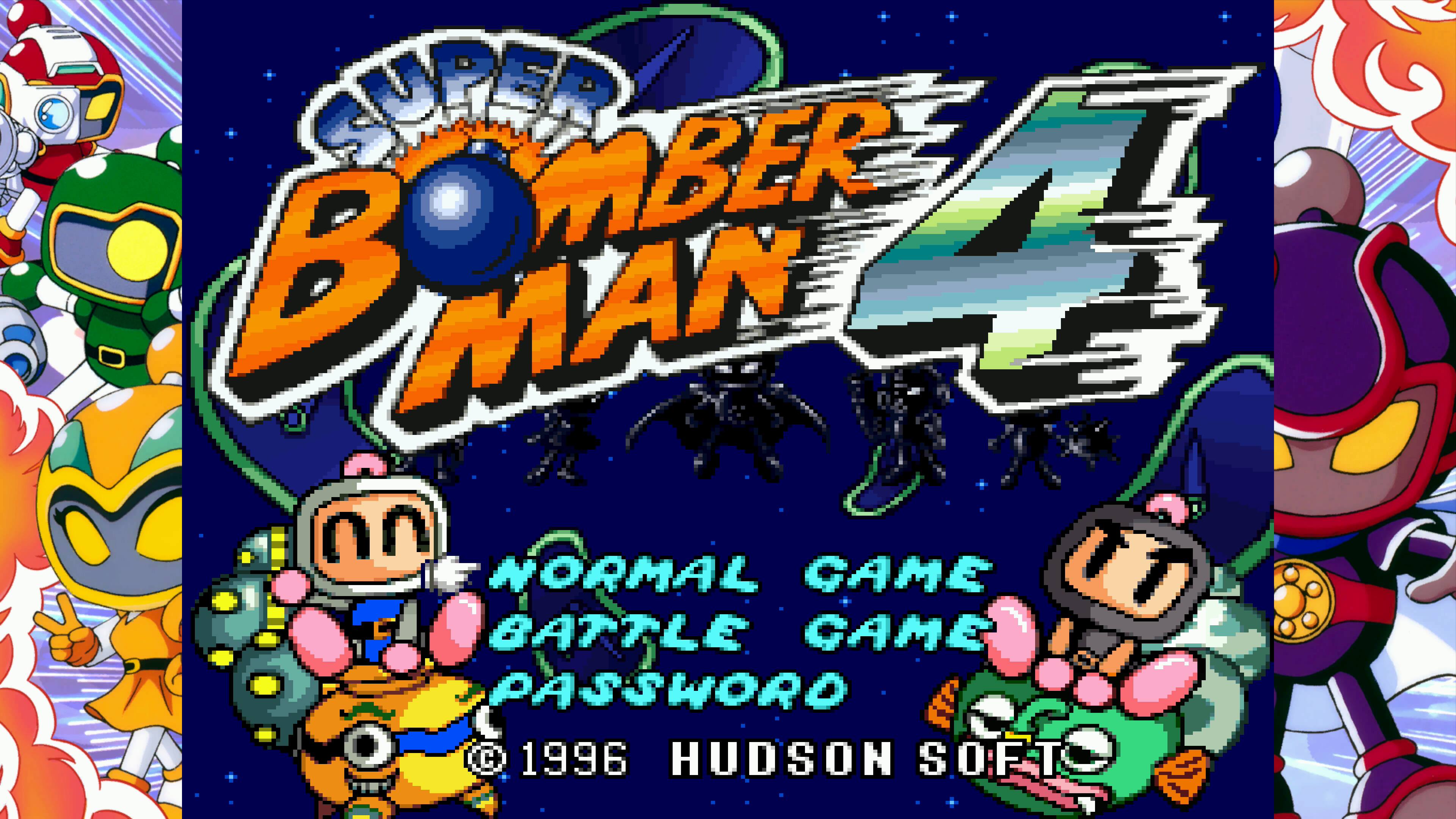 SUPER BOMBER MAN 4  
NORMAL GAME  
BATTLE GAME  
PASSWORD  
© 1996 HUDSON SOFT